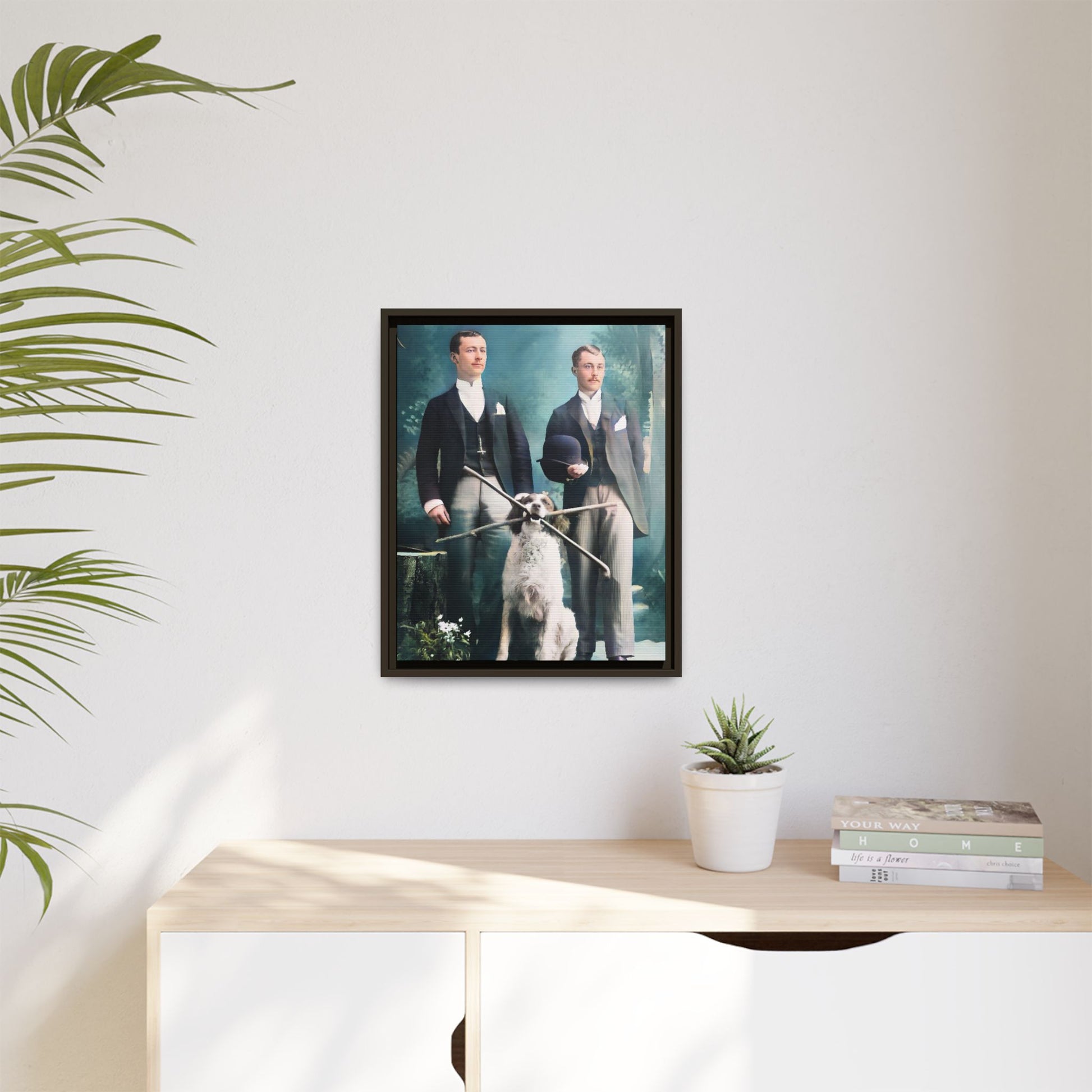 Restored vintage photograph of Patrick and Everett, an Edwardian gay couple with their loyal dog, taken in early 1900s Frankfort, Kentucky. Framed matte canvas print celebrating LGBTQ+ history, love, and companionship. Gay Couple