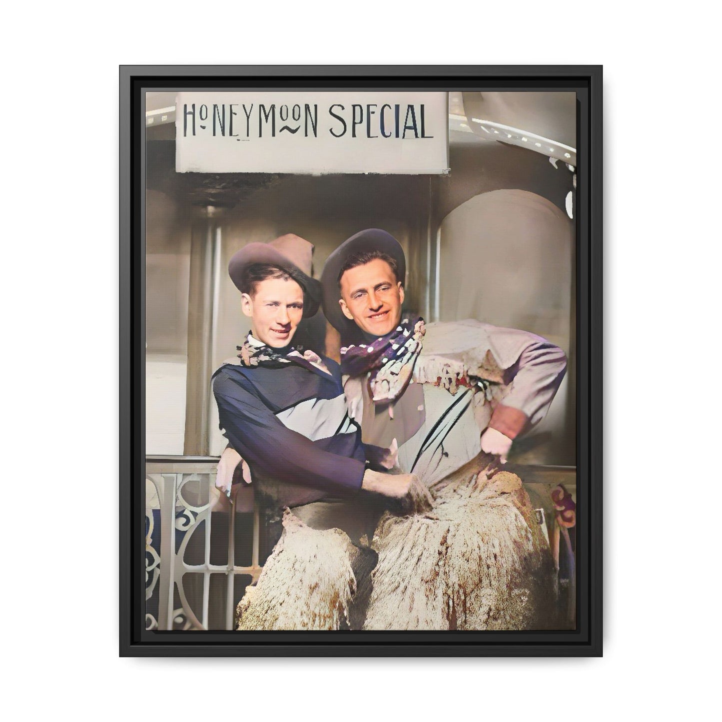 Vintage portrait of Harry & Earl in whimsical cowboy attire under the "Honeymoon Special" sign, set in 1920s San Antonio. Framed matte canvas art celebrating LGBTQ+ love and rustic Americana charm. Perfect for history enthusiasts and rustic decor lovers. Gay Marriage Wedding Gift
