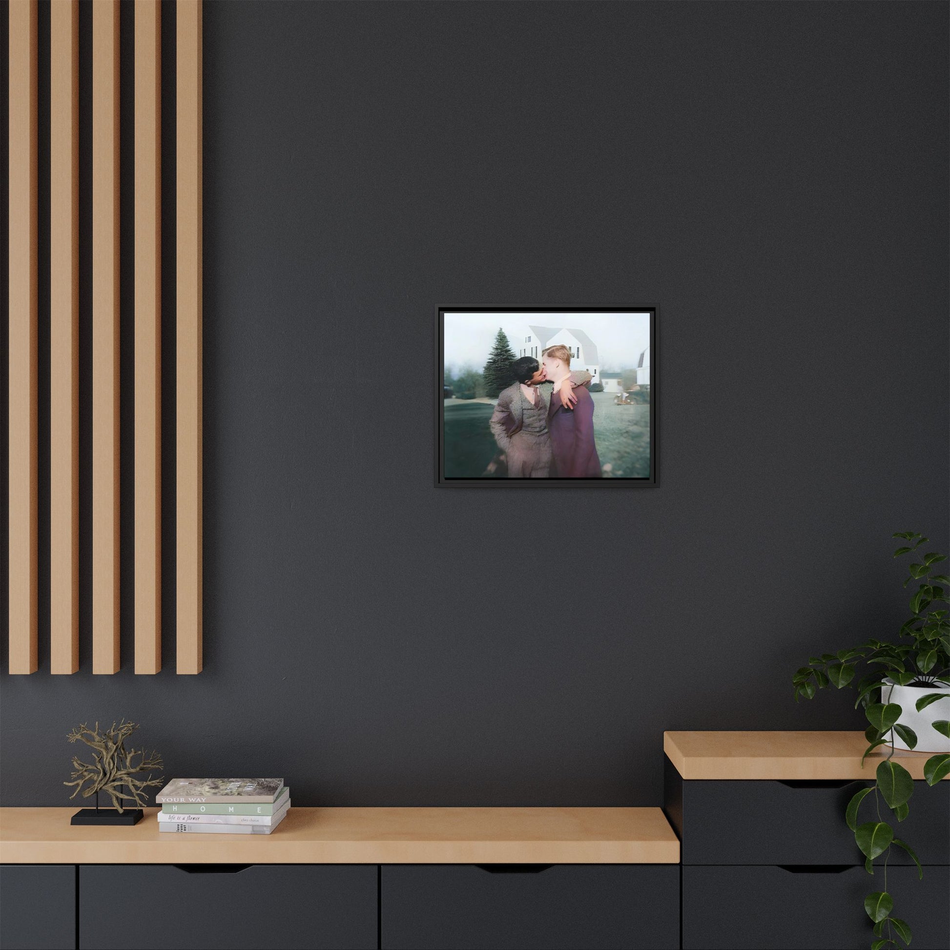 A vintage LGBTQ+ portrait of Milton & Shawn in Londonderry, NH. This framed matte canvas captures a timeless moment of love and resilience, making it a perfect piece for collectors, history enthusiasts, and those celebrating love in all forms. Gay Couple Art