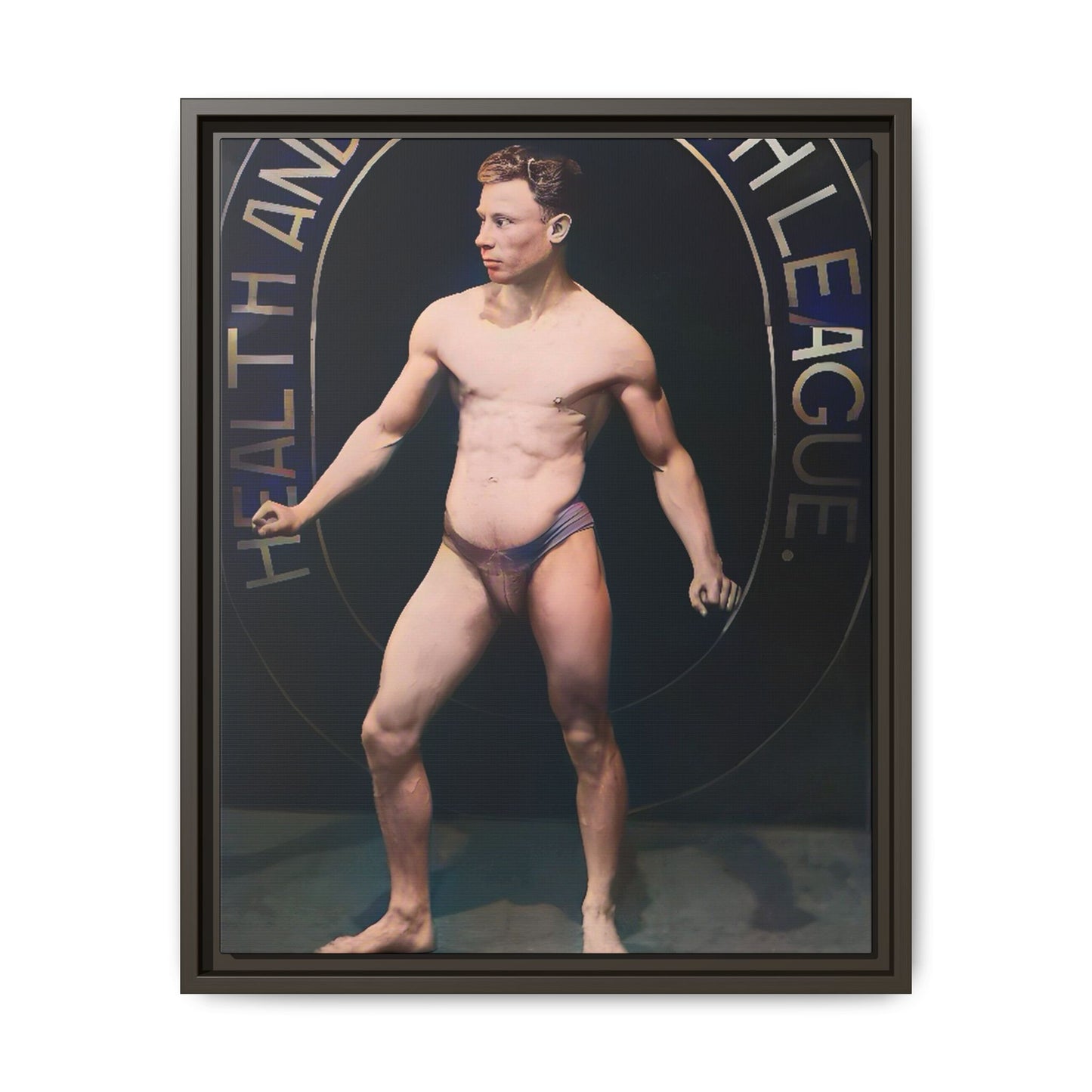 Restored vintage photo of Robert, a young bodybuilder from Manchester, UK, circa early 20th century, framed canvas