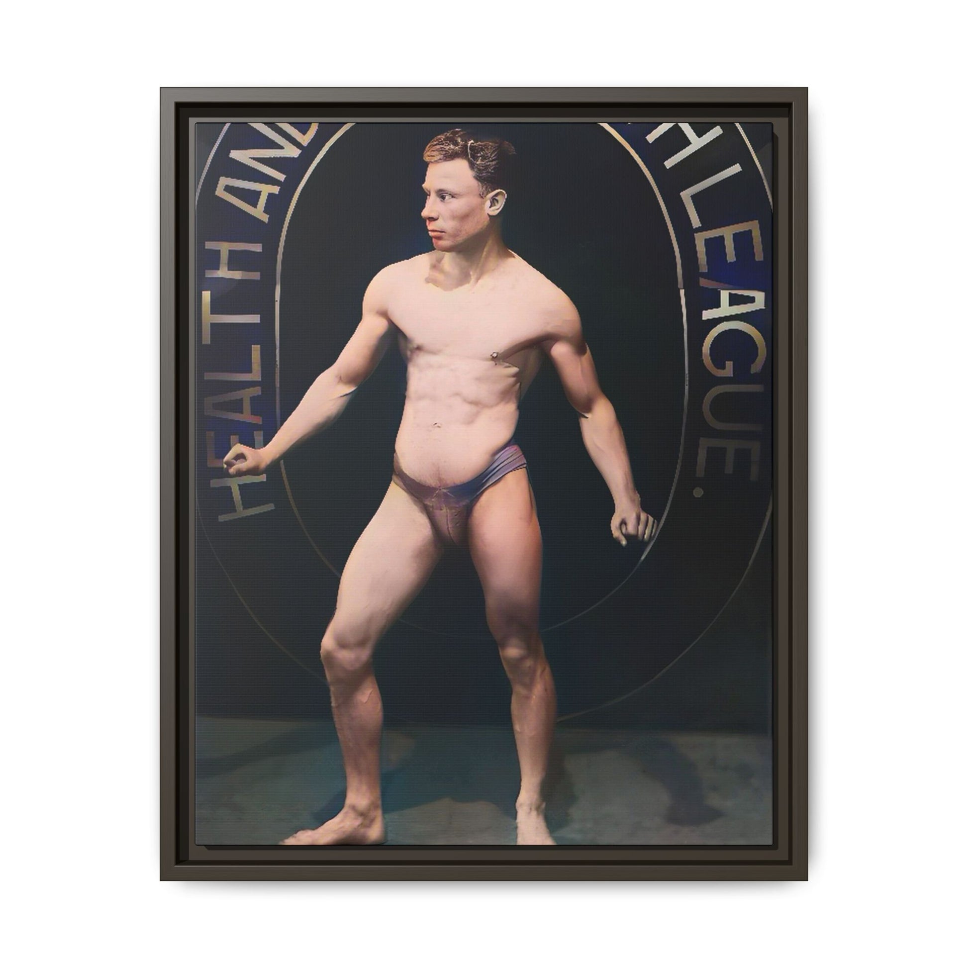 Restored vintage photo of Robert, a young bodybuilder from Manchester, UK, circa early 20th century, framed canvas