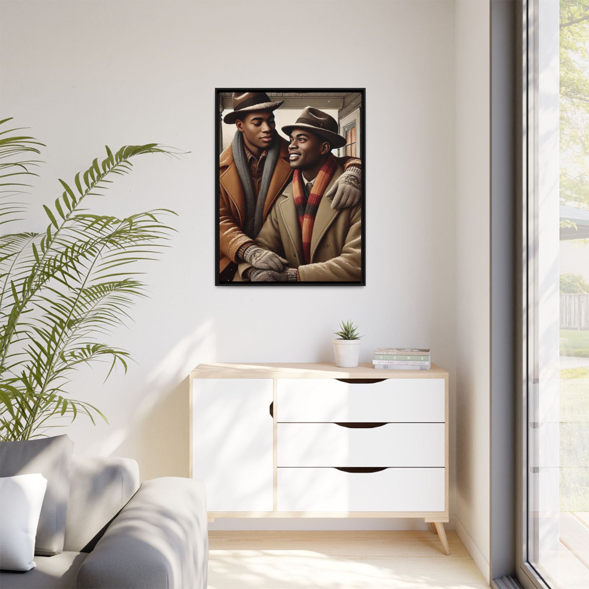 Artwork of an African-American gay couple sharing a cozy winter moment on a porch. Dressed in vintage winter attire with fedoras, scarves, and warm coats, they exchange affectionate gazes amidst softly falling snow, capturing love, warmth, and intimacy in a nostalgic winter setting.