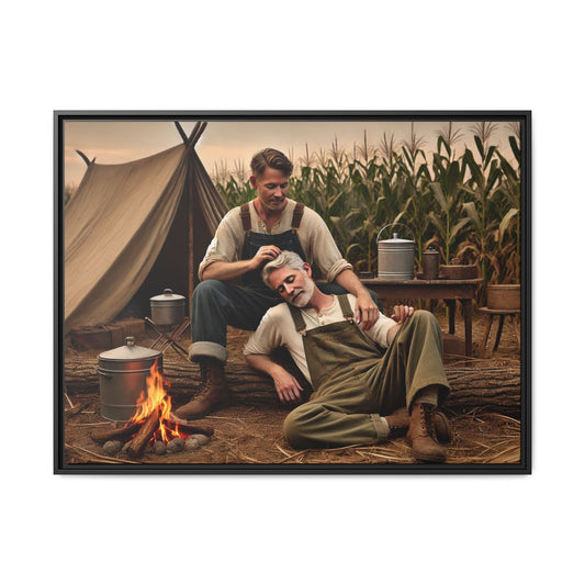 Older queer couple sharing a tender moment by the campfire, celebrating love