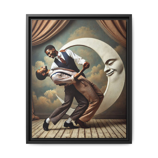 Framed artwork of two Black men in vintage suits dancing tenderly beneath a crescent moon with a smiling face. A romantic 1920s-inspired scene with velvet curtains and a painted sky backdrop. Part of a collection reclaiming lost queer Black history and art.