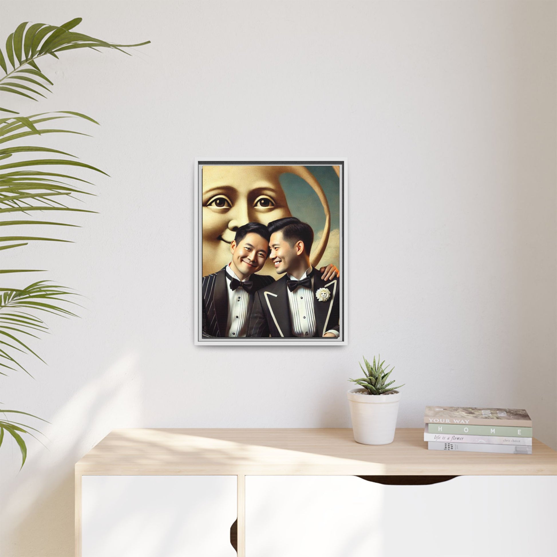 Framed matte canvas featuring a joyful queer Asian couple in tuxedos standing beneath a crescent moon. This artwork, part of the Missing Art Studies series, reimagines erased queer histories with warmth, dignity, and vintage-inspired style.