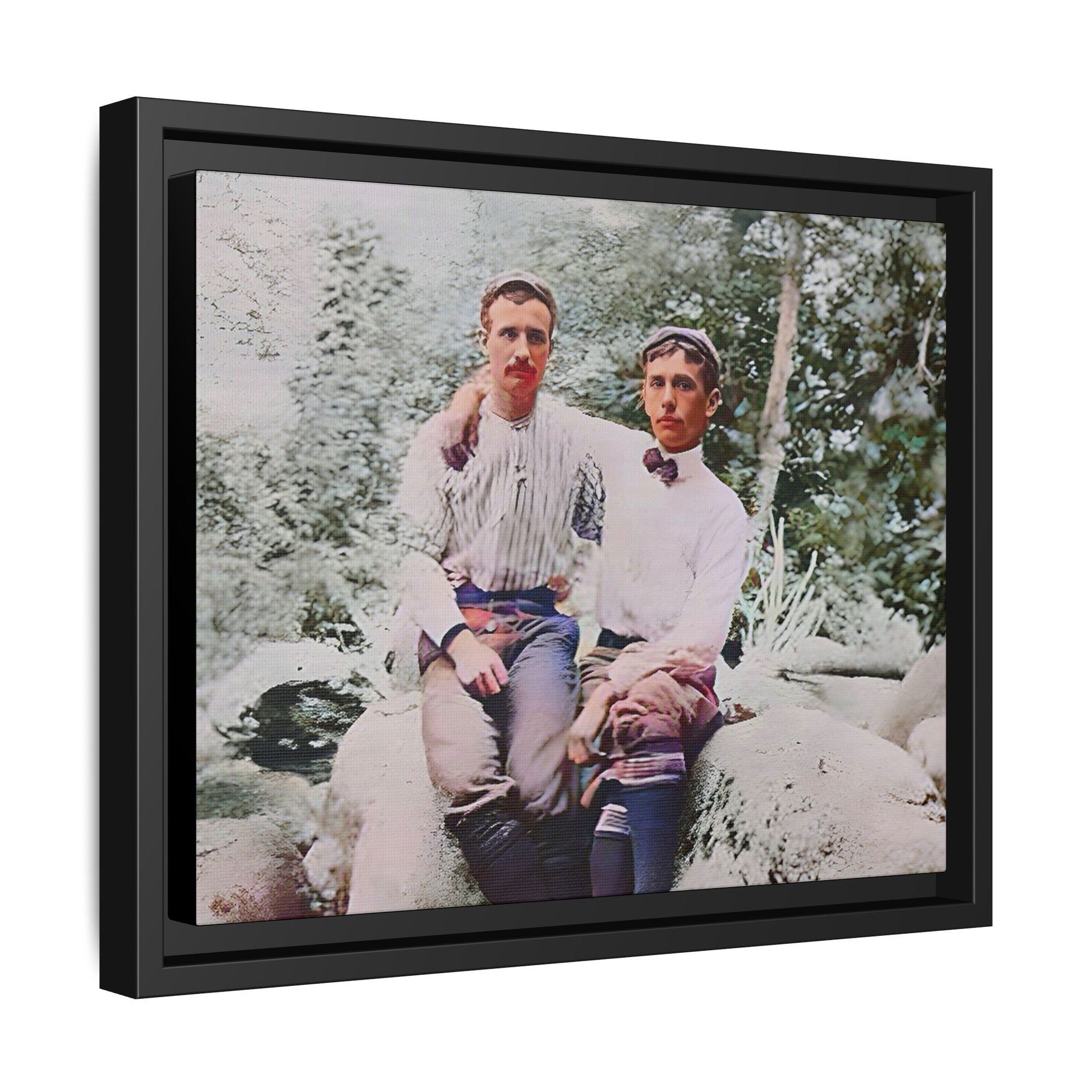 A framed vintage love portrait on matte canvas featuring Grover and Emil in Villamont, Virginia, capturing timeless LGBTQ+ connection and companionship. Gay Couple