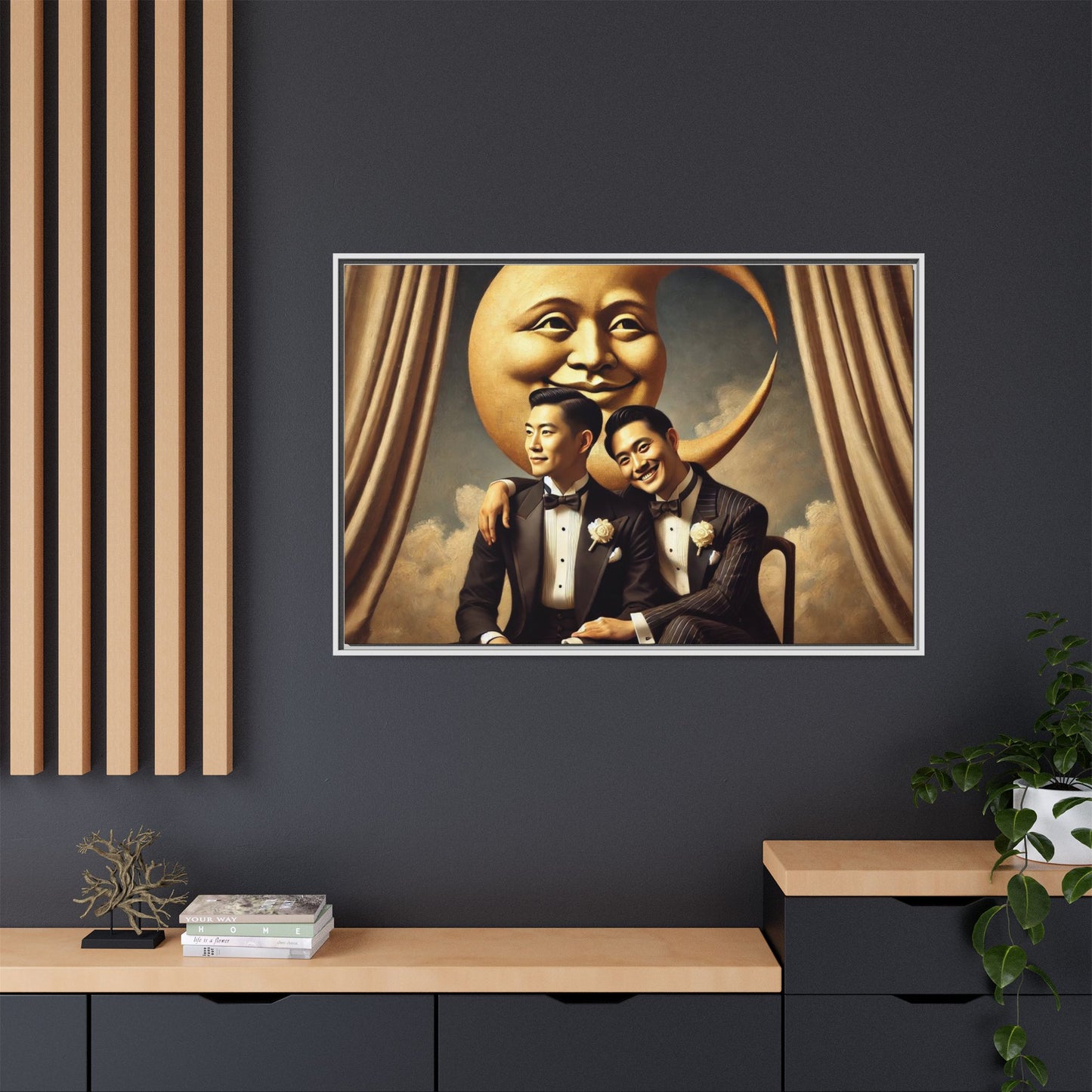Vintage-inspired artwork of a romantic gay Asian couple in tuxedos sitting affectionately beneath a smiling crescent moon prop, surrounded by vintage stage curtains and dreamy clouds. A reclaimed queer narrative from the Man In The Moon series.