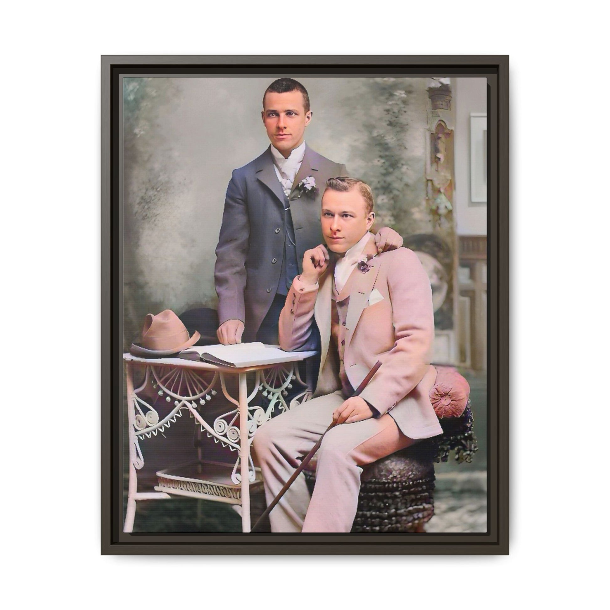 Restored early 1900s photo of Walt and Dewey in tailored suits, posed elegantly in Kansas City, celebrating LGBTQ+ love and resilience, framed as wall art. Gay Coup