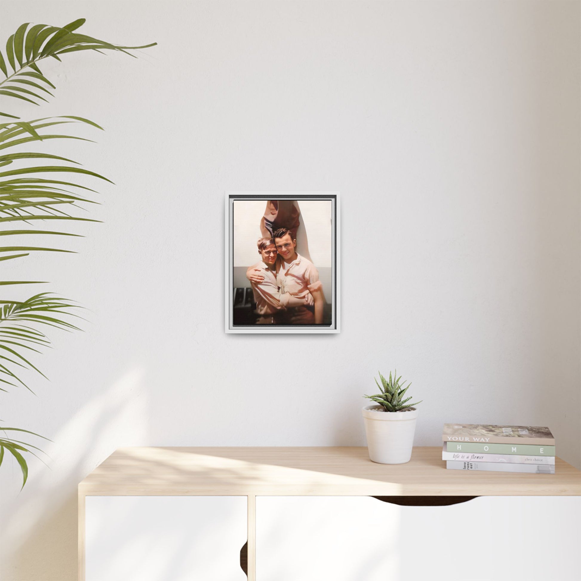 A framed vintage WWII-era portrait on matte canvas featuring Walter and Paul at Camp Shanks, NY, capturing love and resilience during wartime. Gay Couple