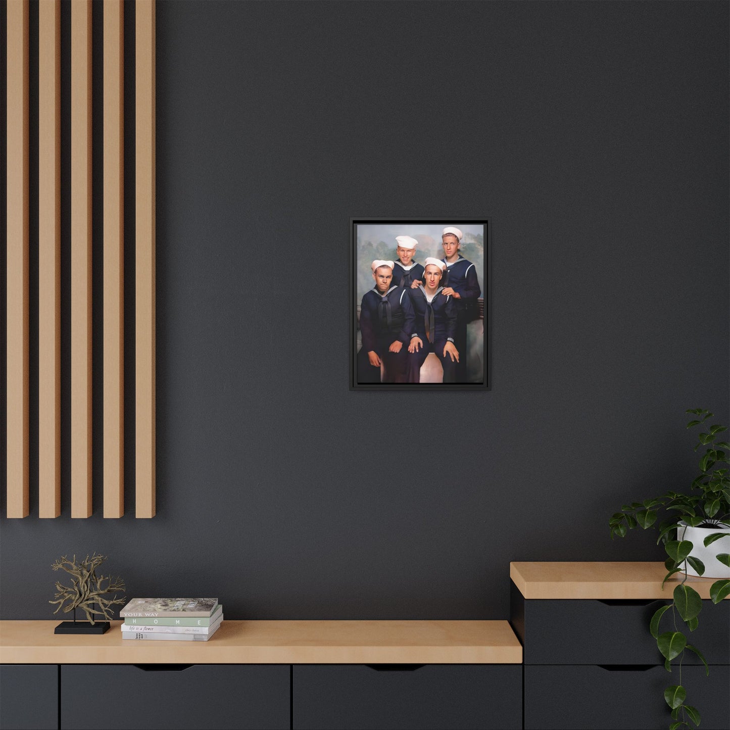 A framed vintage naval portrait on matte canvas featuring four sailors at Naval Station Great Lakes, capturing unity, service, and military pride.