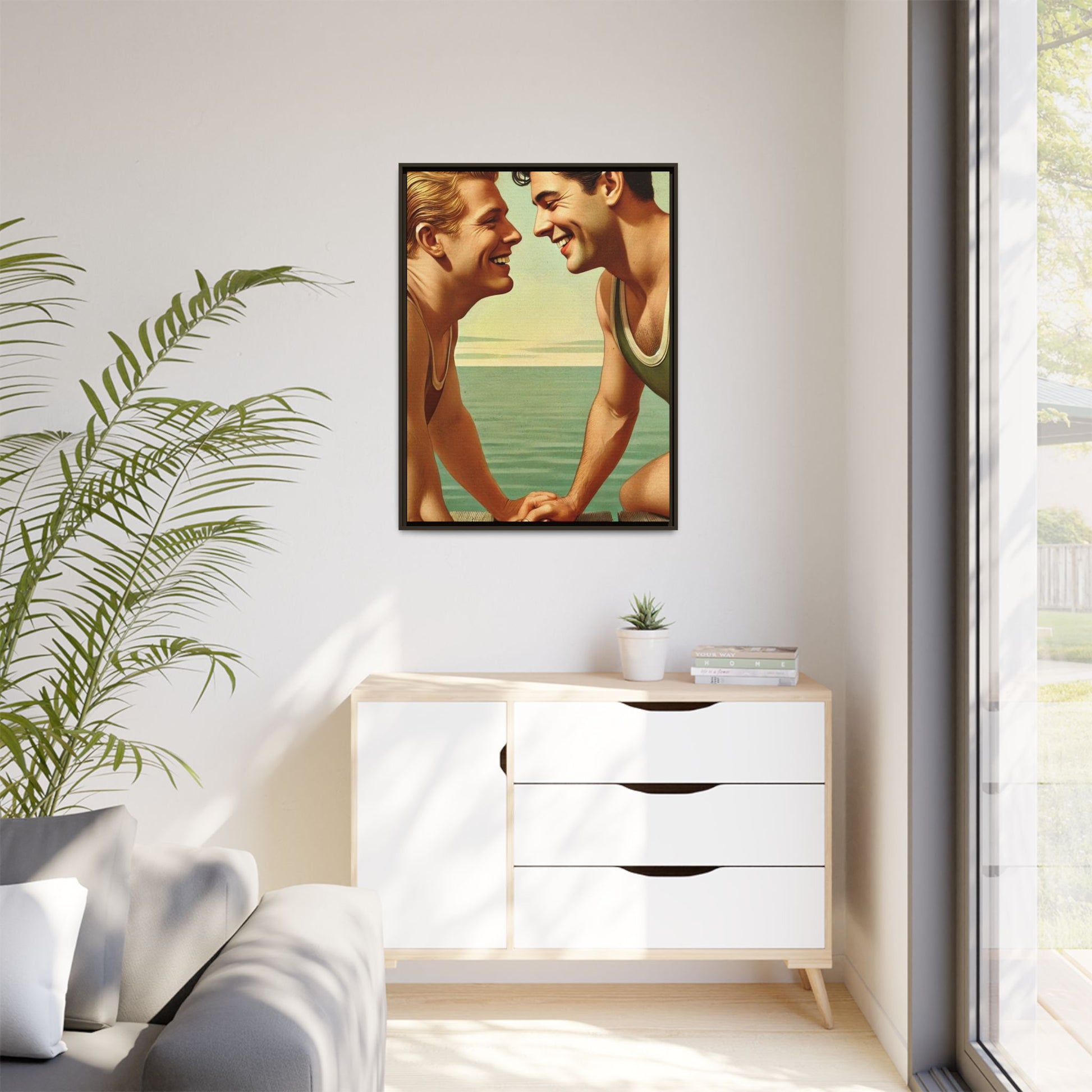 Vintage-style artwork of a joyful 1930s moment between a gay couple by the lake, dressed in classic swimwear and sharing warm smiles. Set on a serene wooden dock, this piece captures love, companionship, and LGBTQ+ history in an idyllic, nostalgic summer setting.