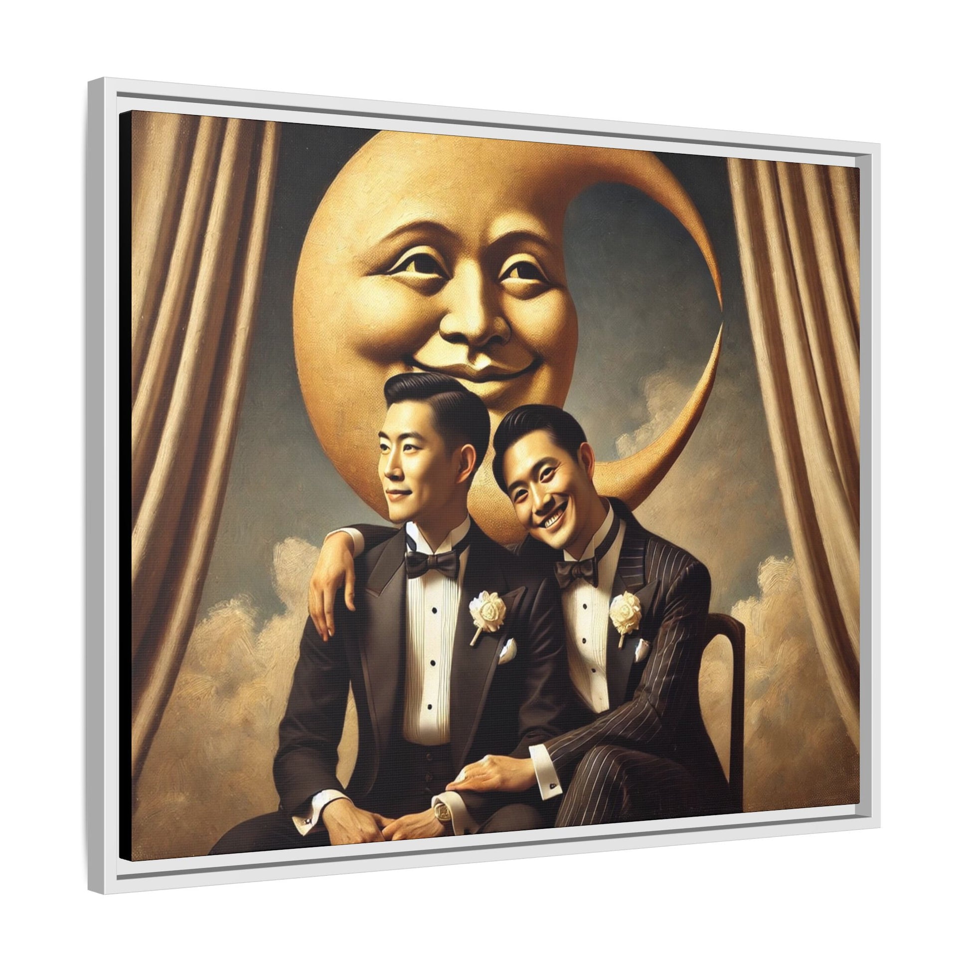Vintage-inspired artwork of a romantic gay Asian couple in tuxedos sitting affectionately beneath a smiling crescent moon prop, surrounded by vintage stage curtains and dreamy clouds. A reclaimed queer narrative from the Man In The Moon series.