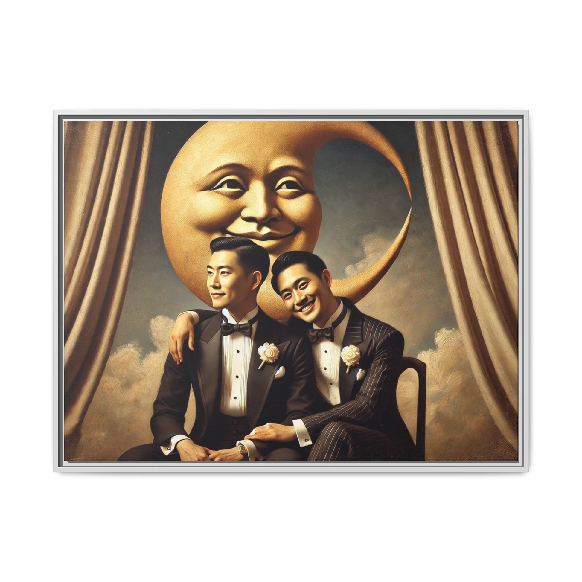 Vintage-inspired artwork of a romantic gay Asian couple in tuxedos sitting affectionately beneath a smiling crescent moon prop, surrounded by vintage stage curtains and dreamy clouds. A reclaimed queer narrative from the Man In The Moon series.