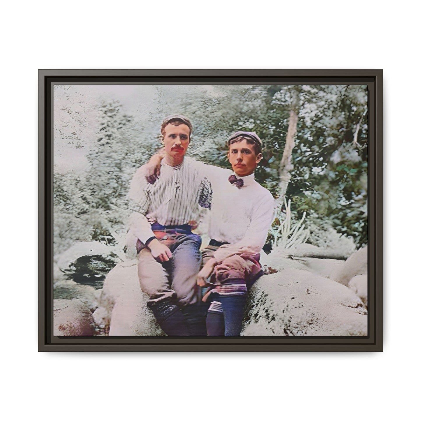 A framed vintage love portrait on matte canvas featuring Grover and Emil in Villamont, Virginia, capturing timeless LGBTQ+ connection and companionship. Gay Couple