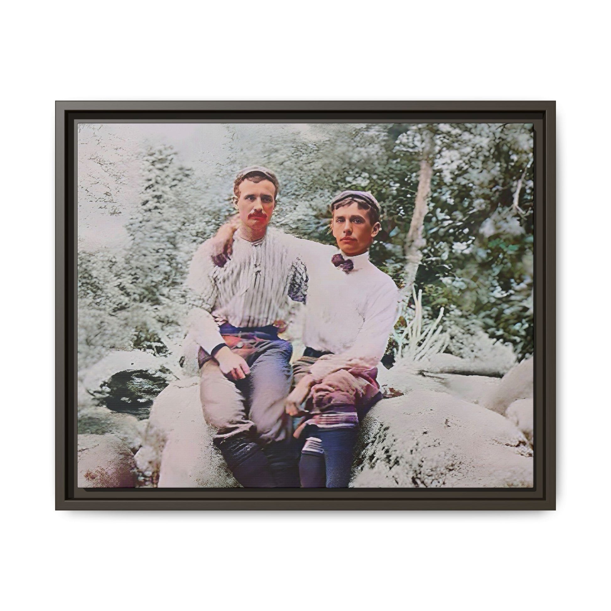 A framed vintage love portrait on matte canvas featuring Grover and Emil in Villamont, Virginia, capturing timeless LGBTQ+ connection and companionship. Gay Couple