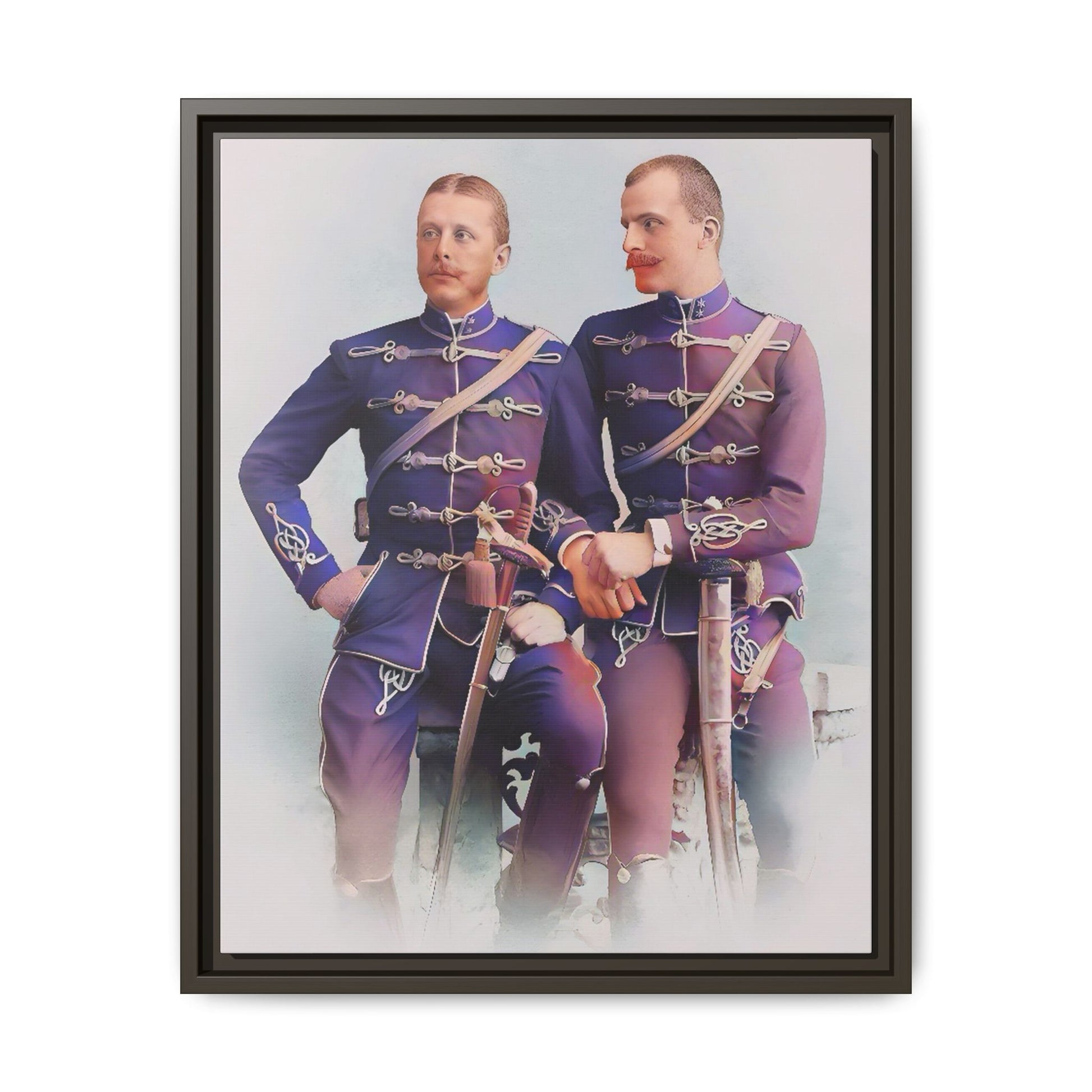 A restored vintage military portrait of Nicolae & Valeriu, elegantly framed to honor LGBTQ+ history and love.