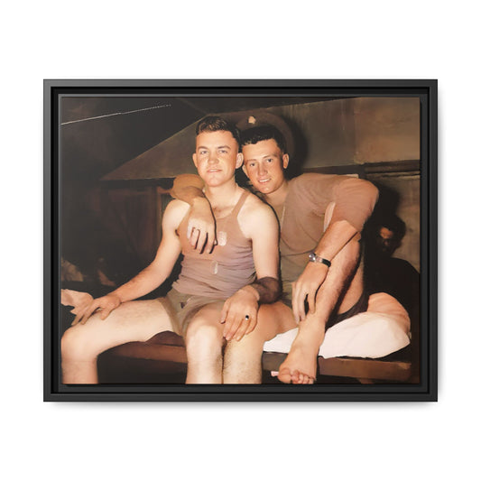 Barracks, Oahu. This framed canvas print honors LGBTQ+ history, military camaraderie, and timeless love, making it a unique and meaningful piece for collectors and history enthusiasts.