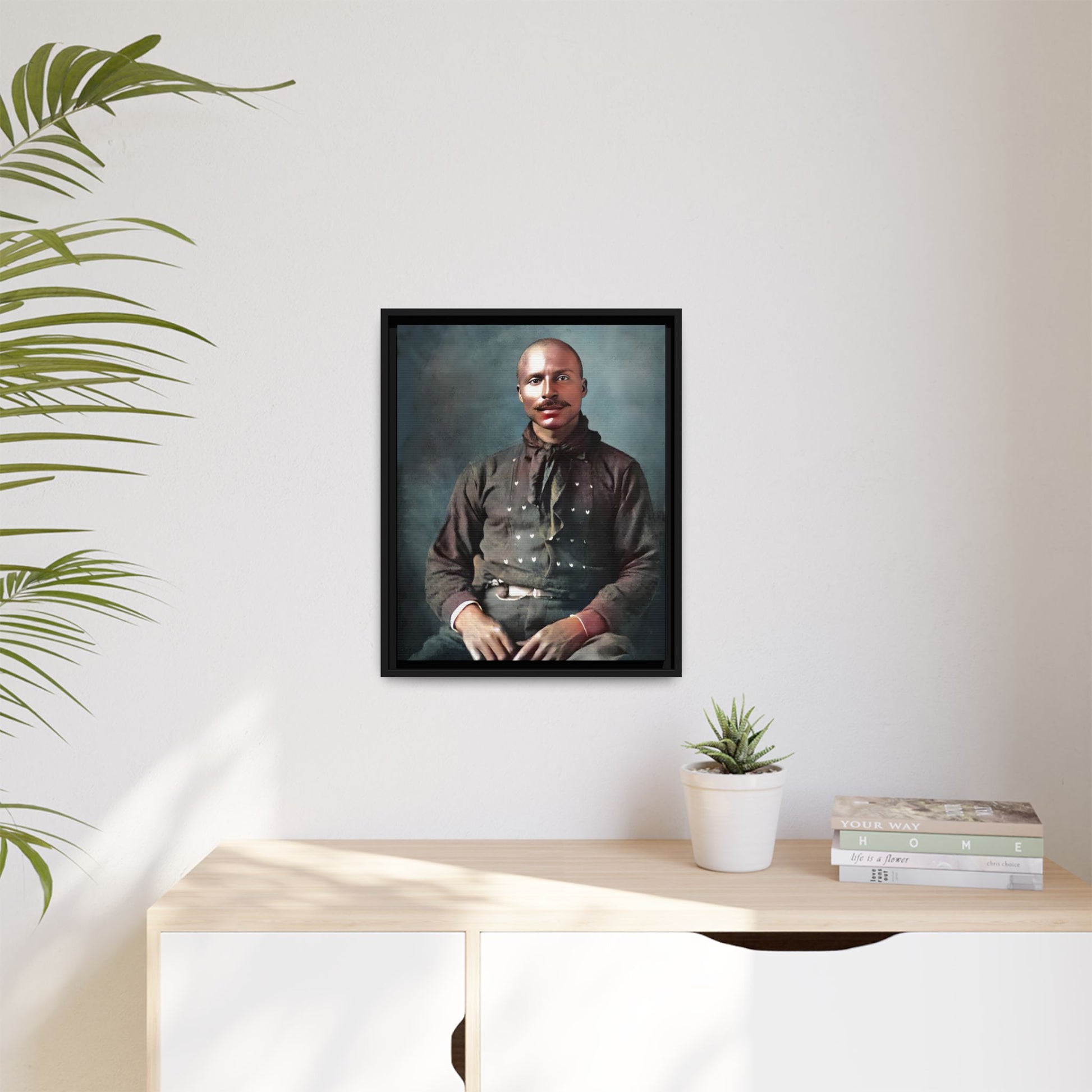 A vintage Western portrait of Jorge, capturing the rugged charm of the Old West in Mesa, Arizona. This framed matte canvas showcases resilience and classic cowboy style, perfect for rustic, Western, or Americana-inspired decor. Hispanic Latino