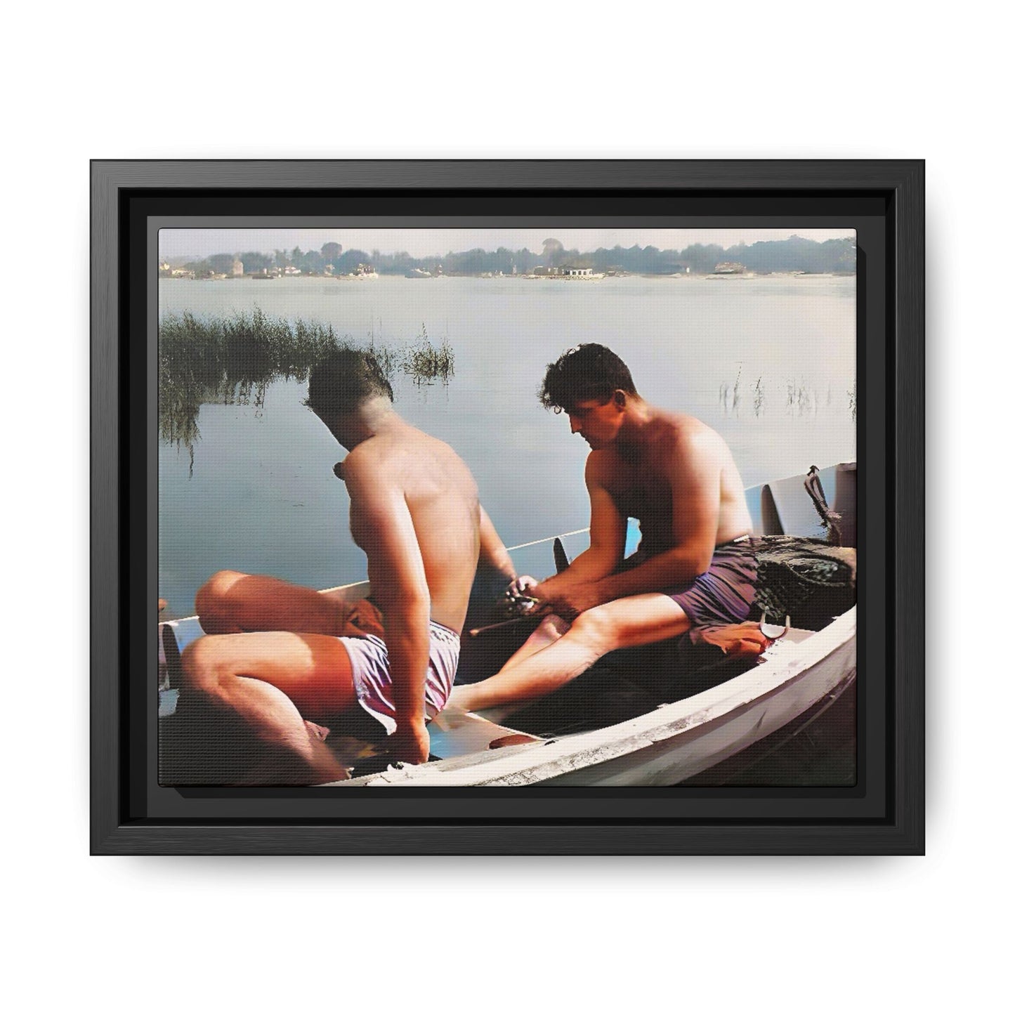 A restored vintage photo of Ned & Marty in a boat at Cape May, New Jersey. This framed matte canvas captures a serene LGBTQ+ love story, offering a nostalgic and timeless nautical scene perfect for collectors and history enthusiasts. Gay Couple