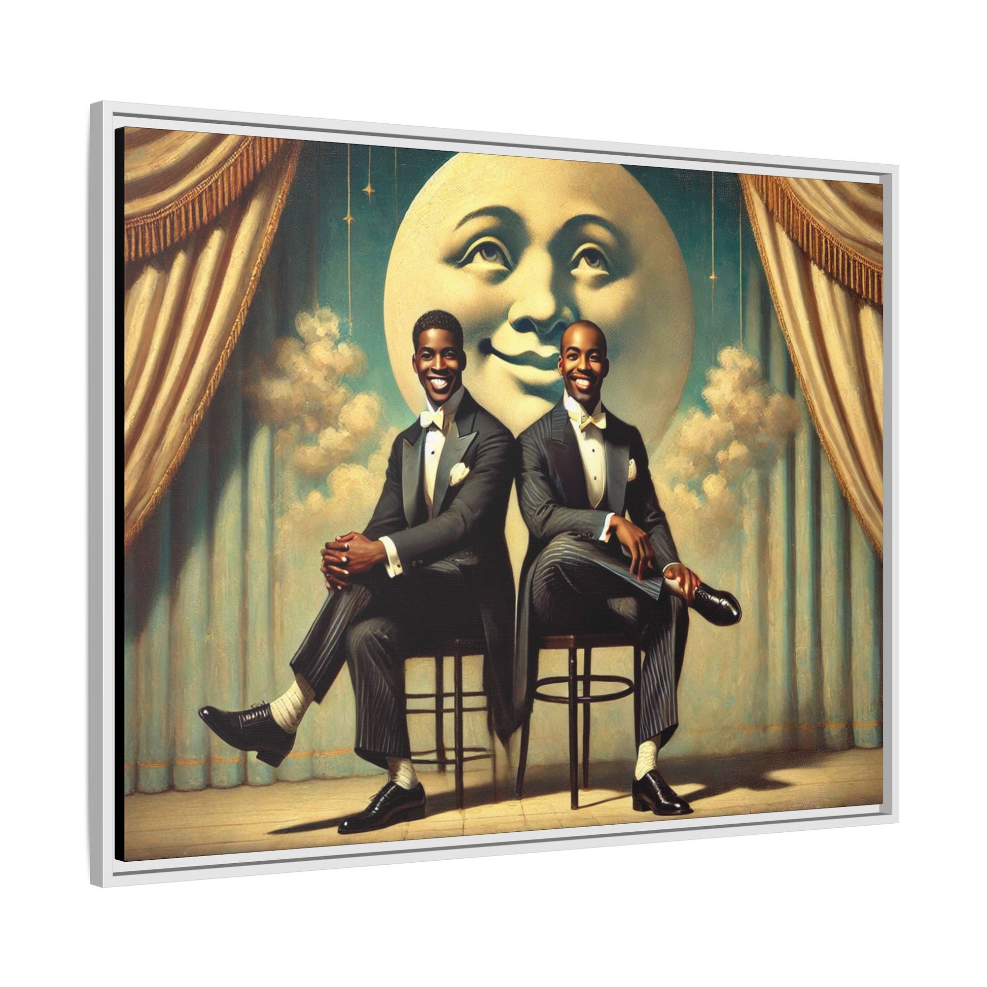 Framed vintage-style portrait of two Black men in tuxedos seated under a smiling crescent moon prop with golden curtains and cloud backdrop. This restored matte canvas honors lost LGBTQ history and reclaims early 20th-century queer representation with pride.