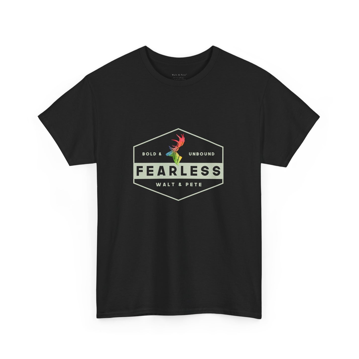 Unisex gr cotton t-shirt with a hexagon badge design reading “Fearless” and “Bold & Unbound,” featuring a rainbow antler—symbolizing LGBTQ+ pride and fearless queer identity