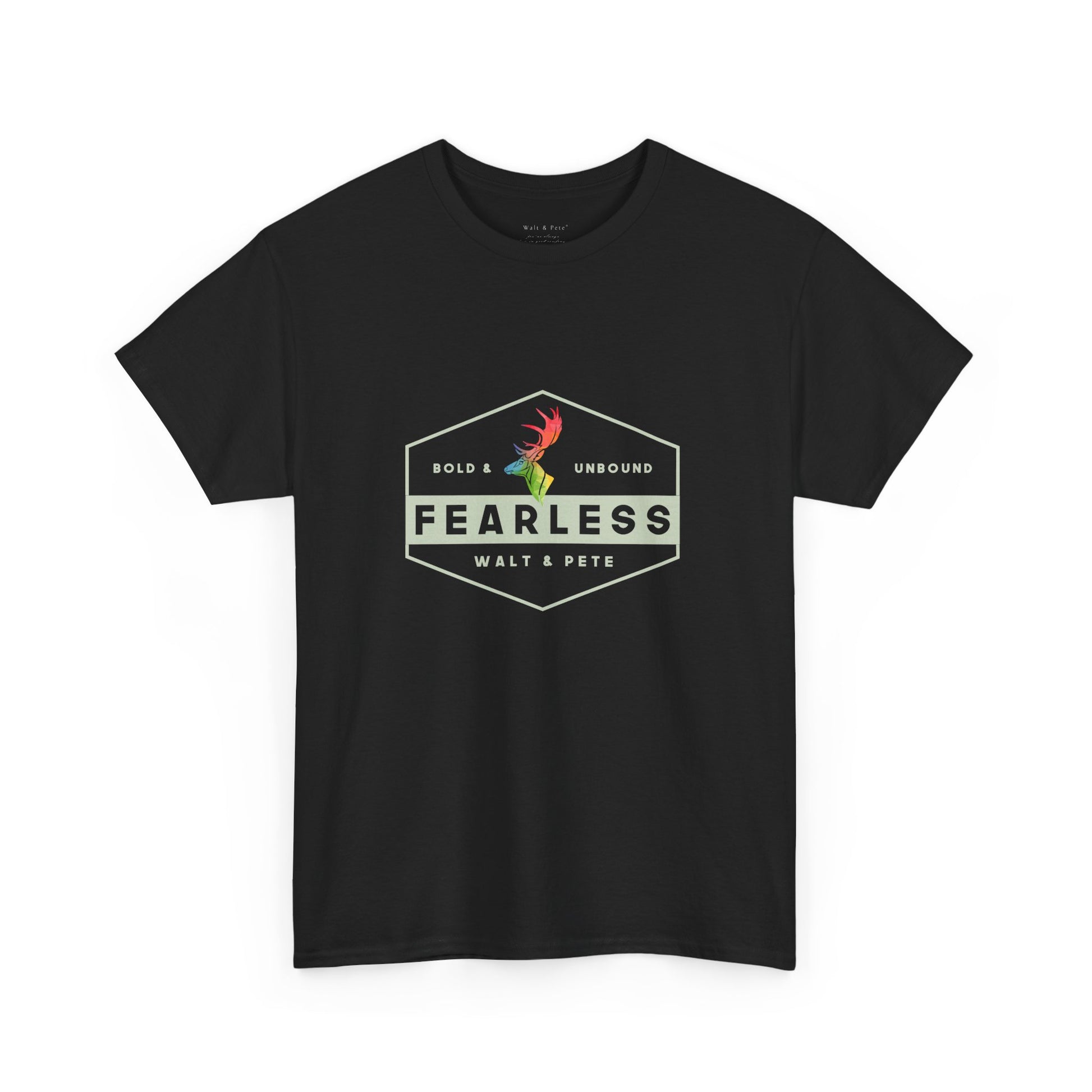Unisex gr cotton t-shirt with a hexagon badge design reading “Fearless” and “Bold & Unbound,” featuring a rainbow antler—symbolizing LGBTQ+ pride and fearless queer identity