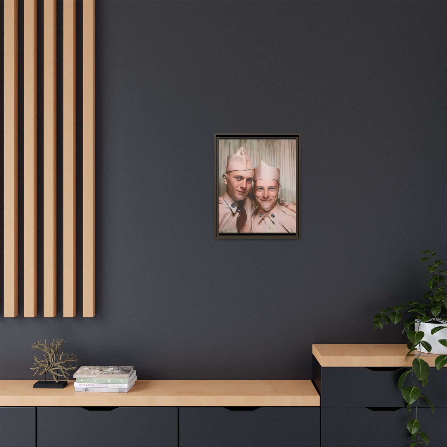 A framed vintage army portrait on matte canvas featuring two soldiers at Puget Sound Naval Shipyard, symbolizing friendship and service. Gay Couple Photo Booth