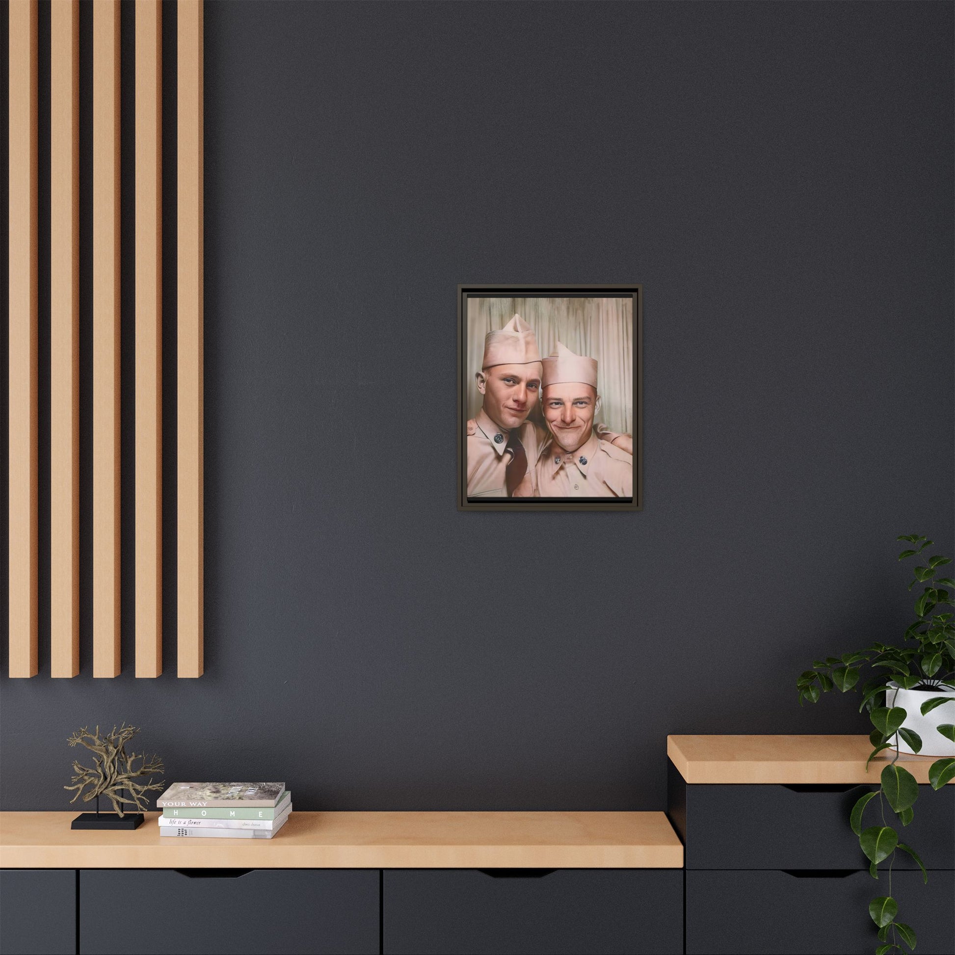 A framed vintage army portrait on matte canvas featuring two soldiers at Puget Sound Naval Shipyard, symbolizing friendship and service. Gay Couple Photo Booth