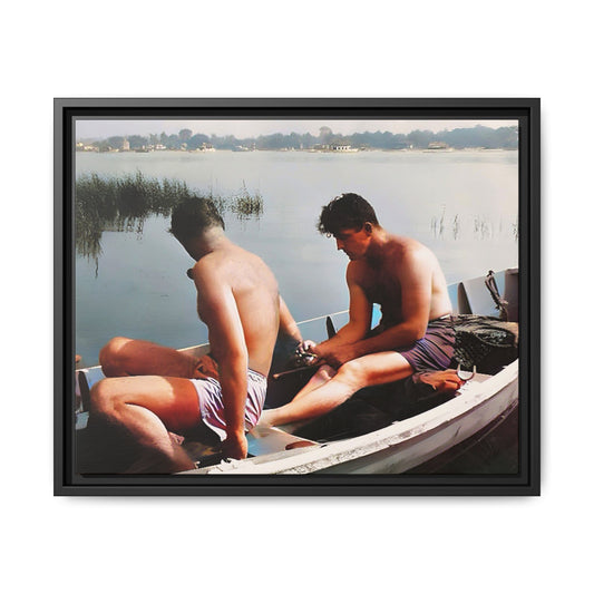 A restored vintage photo of Ned & Marty in a boat at Cape May, New Jersey. This framed matte canvas captures a serene LGBTQ+ love story, offering a nostalgic and timeless nautical scene perfect for collectors and history enthusiasts. Gay Couple