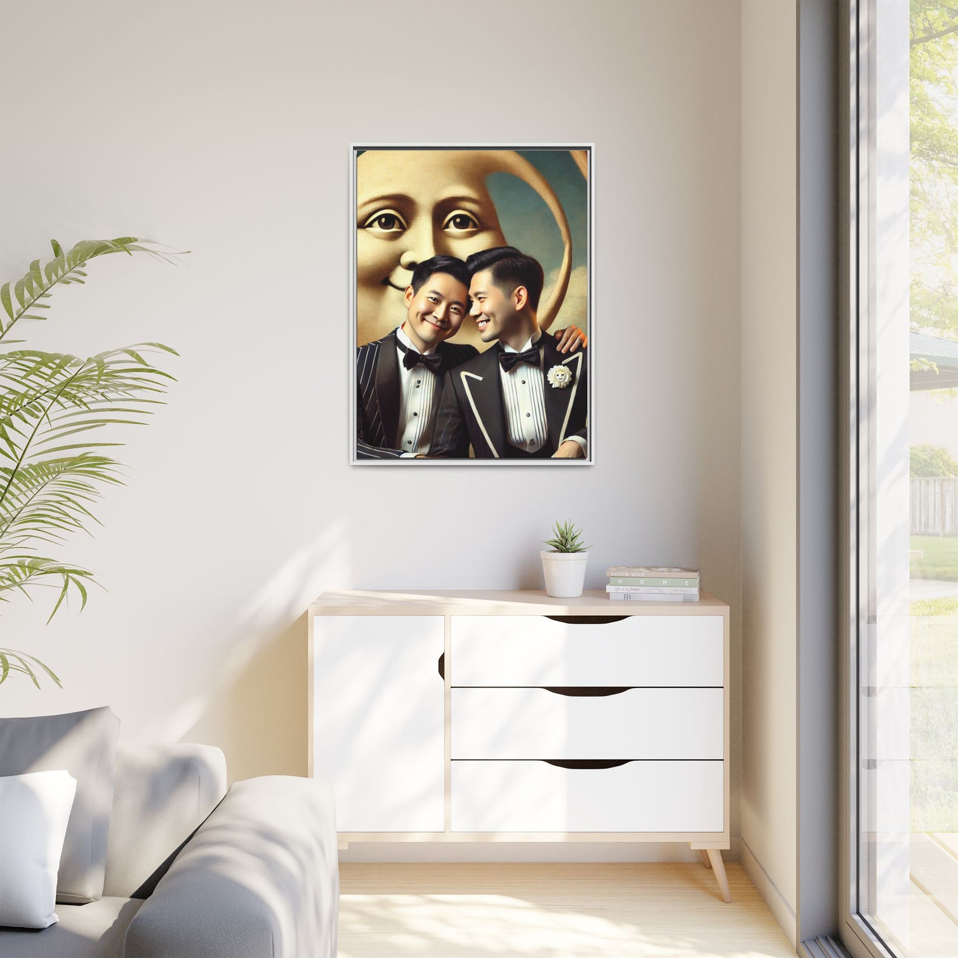Framed matte canvas featuring a joyful queer Asian couple in tuxedos standing beneath a crescent moon. This artwork, part of the Missing Art Studies series, reimagines erased queer histories with warmth, dignity, and vintage-inspired style.