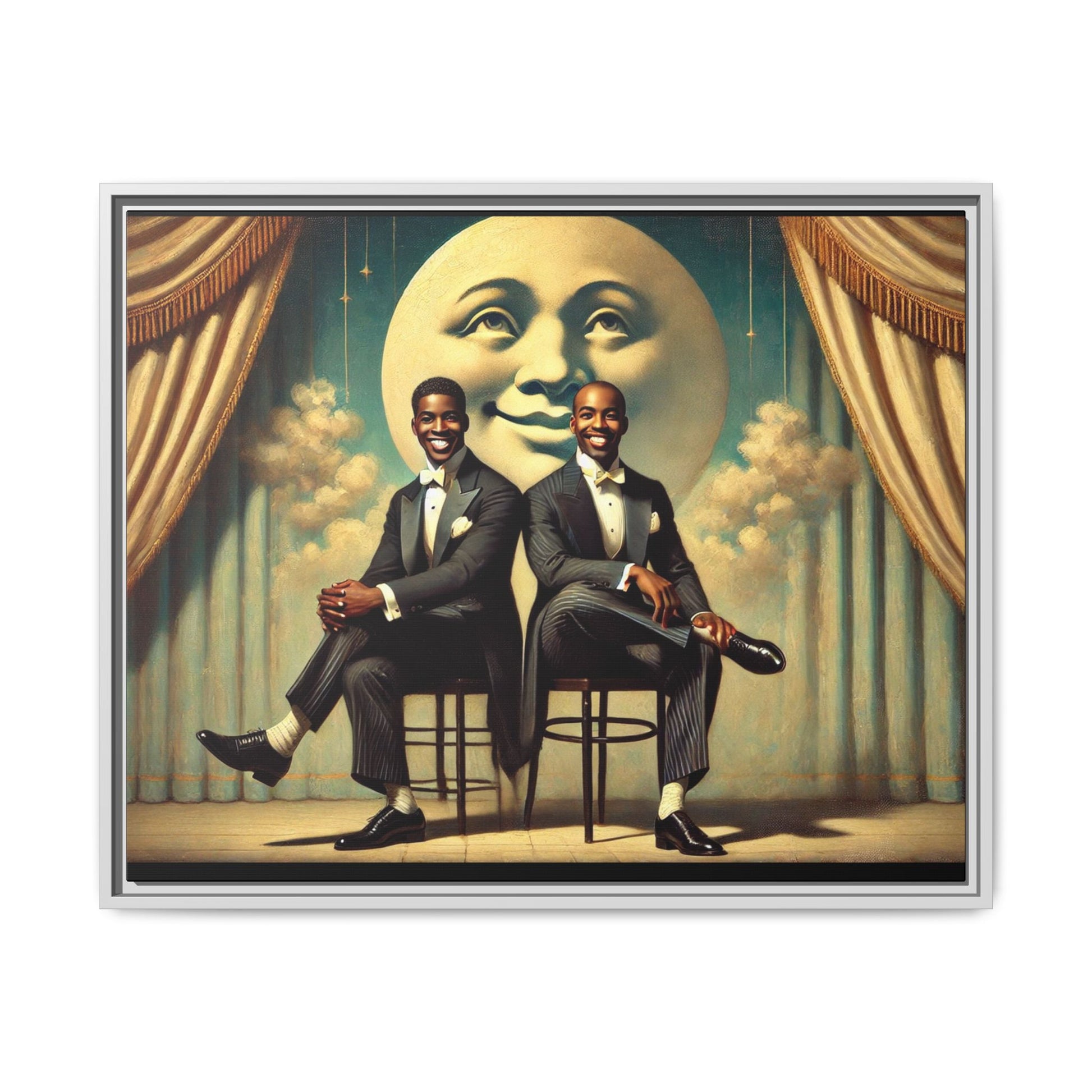 Framed vintage-style portrait of two Black men in tuxedos seated under a smiling crescent moon prop with golden curtains and cloud backdrop. This restored matte canvas honors lost LGBTQ history and reclaims early 20th-century queer representation with pride.
