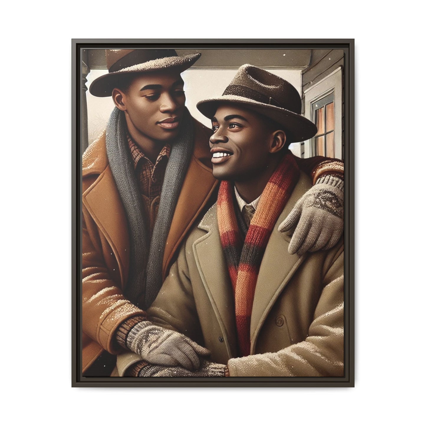 Artwork of an African-American queer couple sharing a cozy winter moment on a porch. Dressed in vintage winter attire with fedoras, scarves, and warm coats, they exchange affectionate gazes amidst softly falling snow, capturing love, warmth, and intimacy in a nostalgic winter setting.