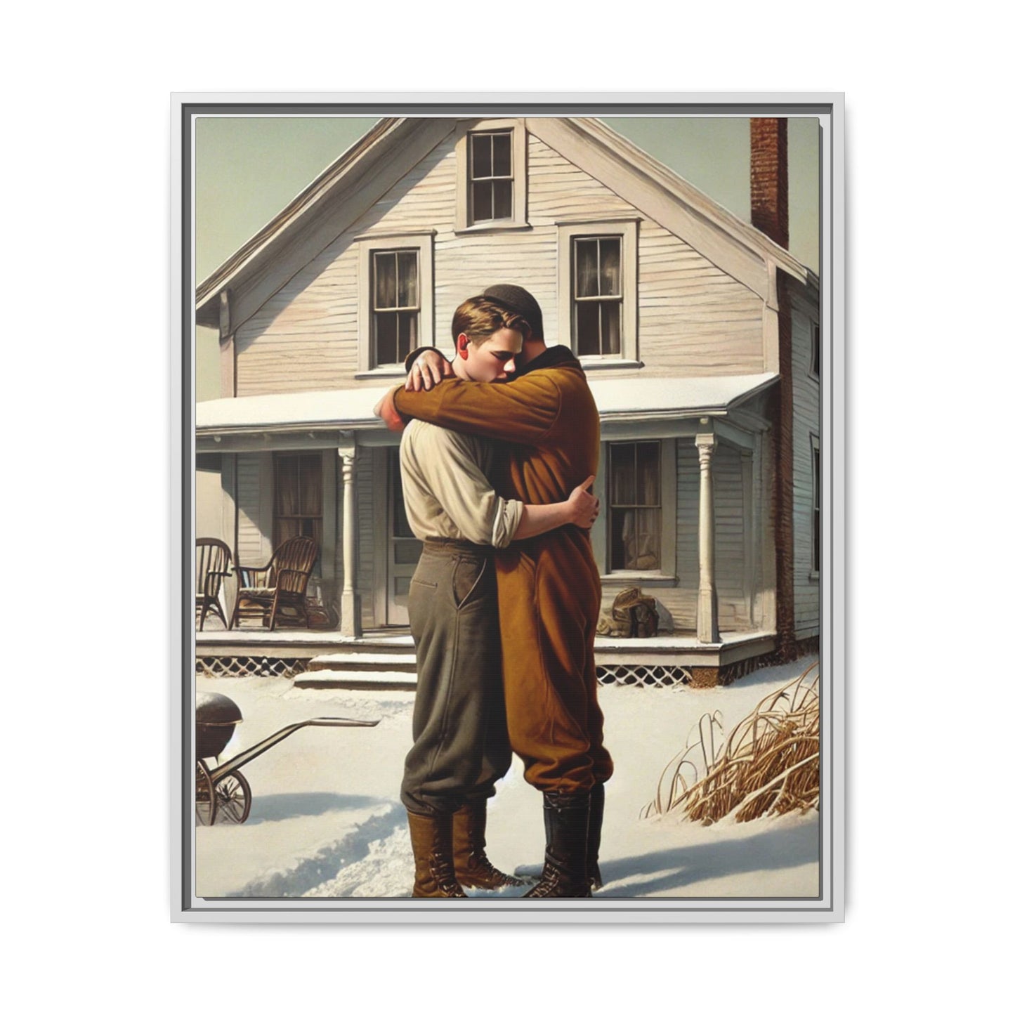 Artwork of a tender moment between a gay couple embracing outside a farmhouse in a snowy, rural landscape. Dressed in vintage attire, the two men find warmth and comfort in each other’s arms, capturing love and connection in a serene, Americana winter setting