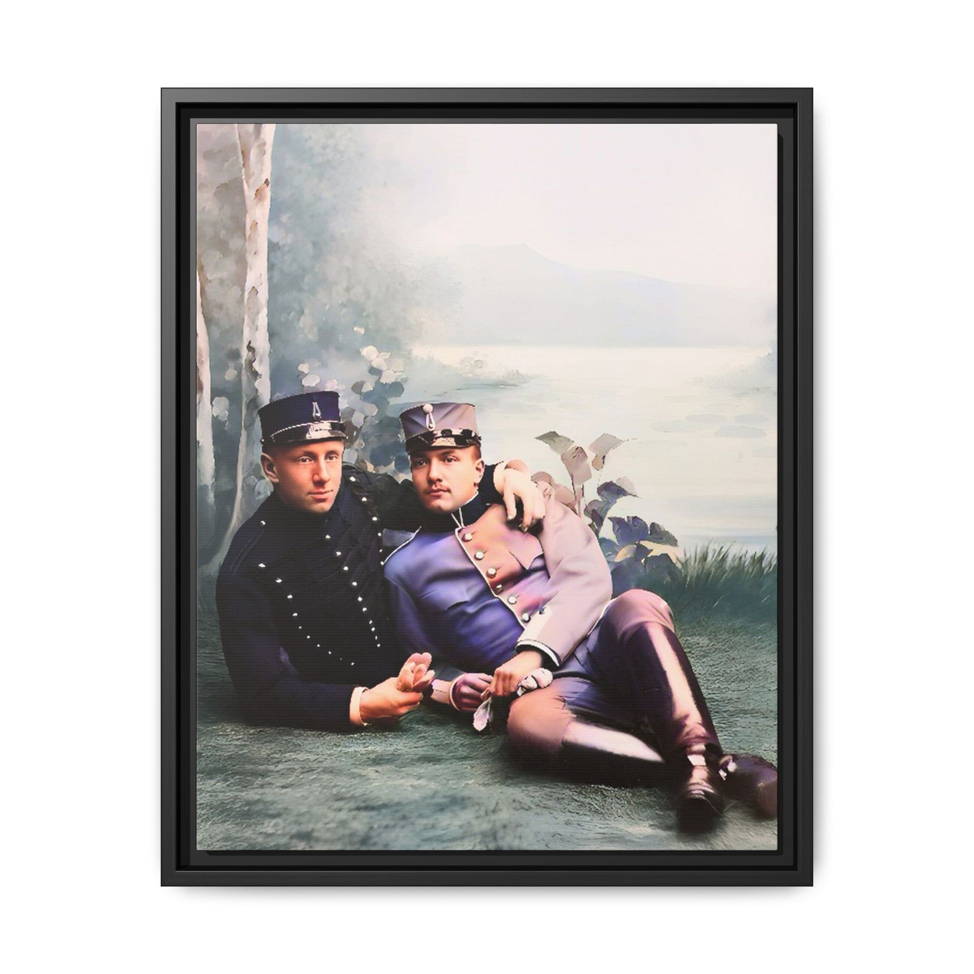 Restored early 1900s photo of Karl and Mats in Swedish military uniforms, reclining by a lakeside, celebrating LGBTQ+ love and history, framed as wall art. Gay Couple Vintage foto homosexuella par