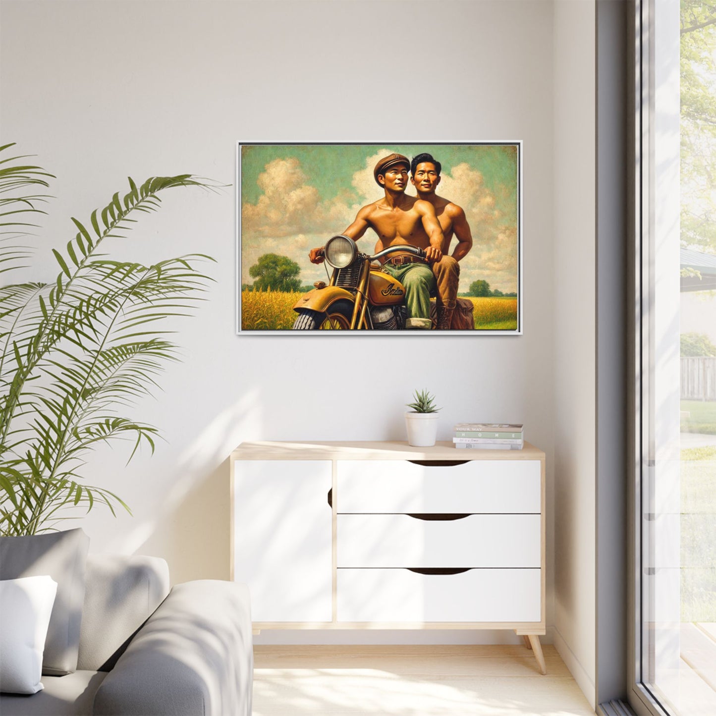 Framed artwork of an Asian-American gay couple riding a vintage yellow motorcycle through Iowa's serene countryside, celebrating love and unity. Grant Wood Inspired