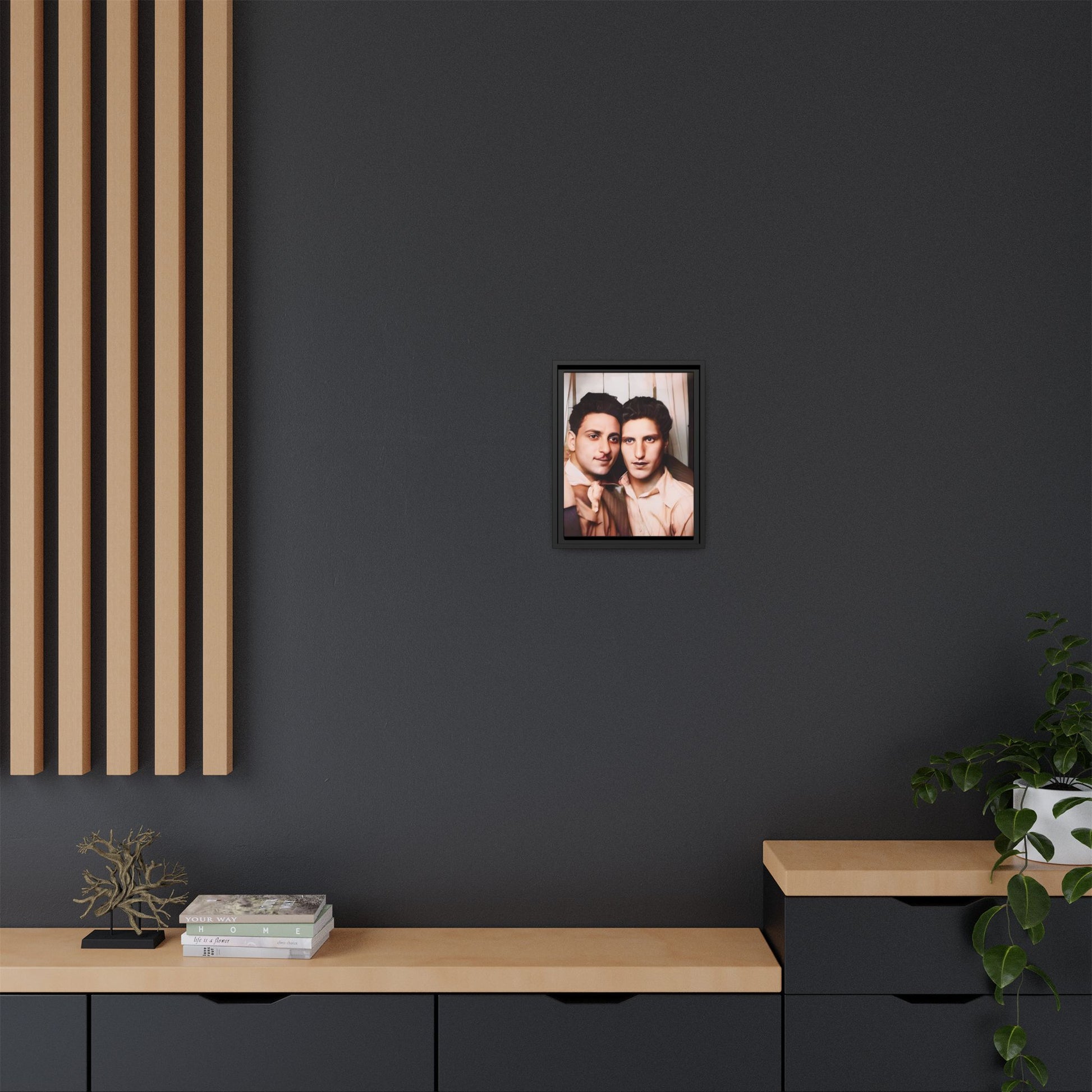 A framed vintage photo booth portrait on matte canvas featuring Juan and Lawrence in Santa Monica, California, capturing timeless LGBTQ+ love and companionship. Gay Couple