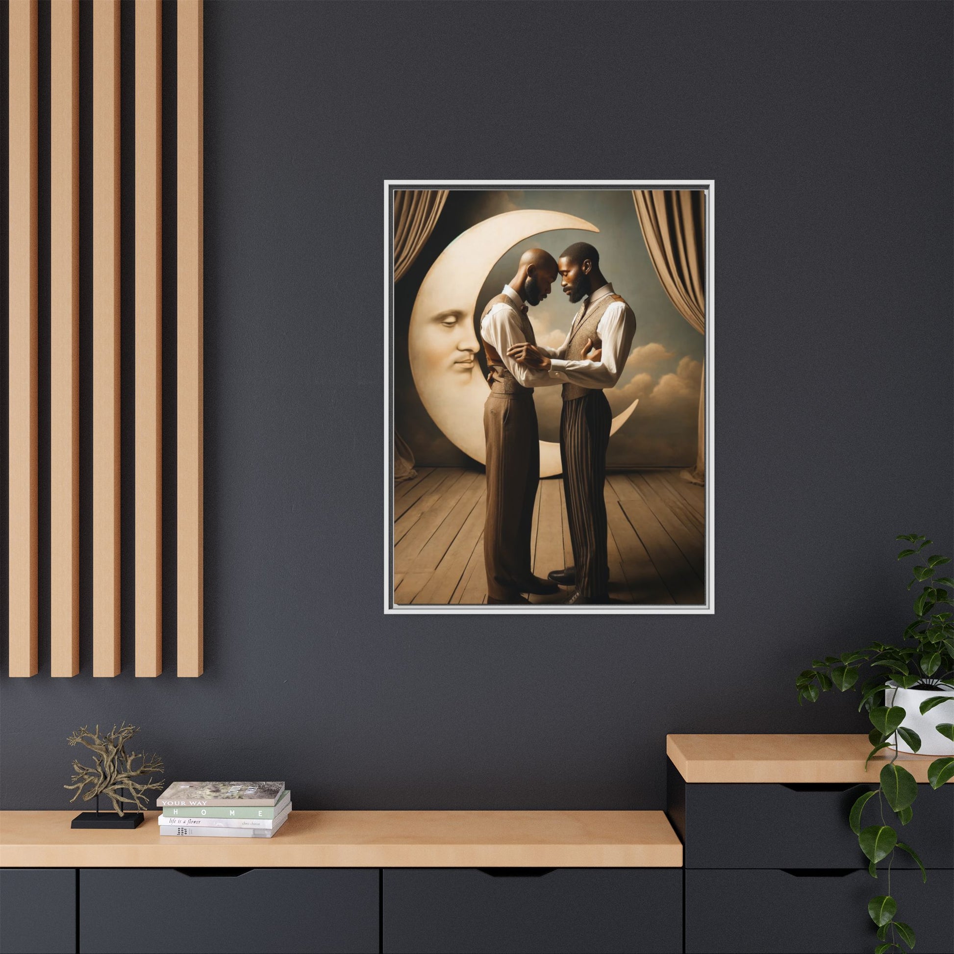 Two Black men in vintage 1920s clothing stand forehead to forehead, embraced beneath a glowing crescent moon. A theatrical scene honoring queer love, memory, and history, reclaiming moments that were never captured due to cultural bias.