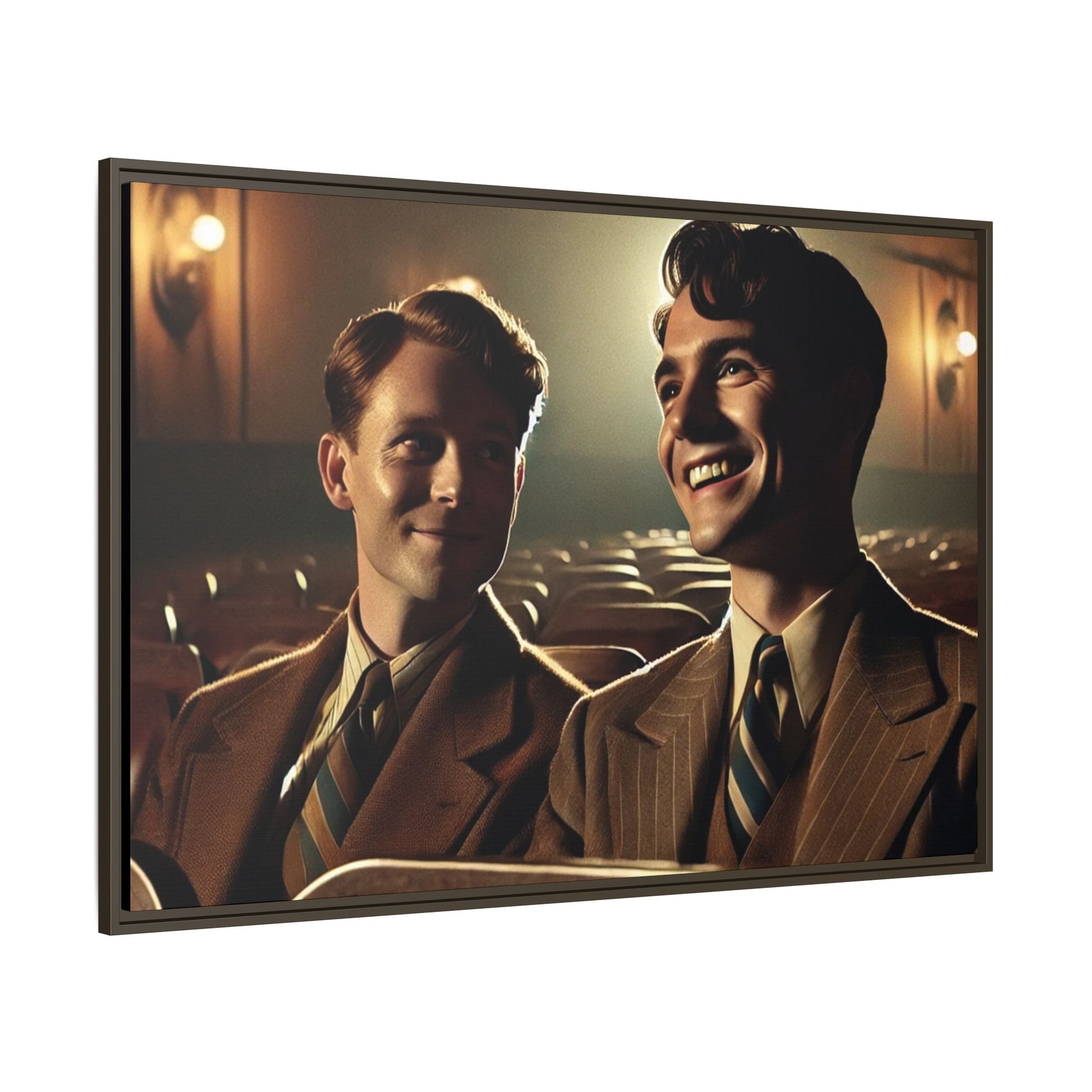 Vintage-style photo of two young men sharing an intimate moment on a date in a 1930s movie theater. Dressed in classic pinstripe suits, their smiles and close connection evoke the warmth and charm of the era, celebrating LGBTQ+ history and timeless romance.