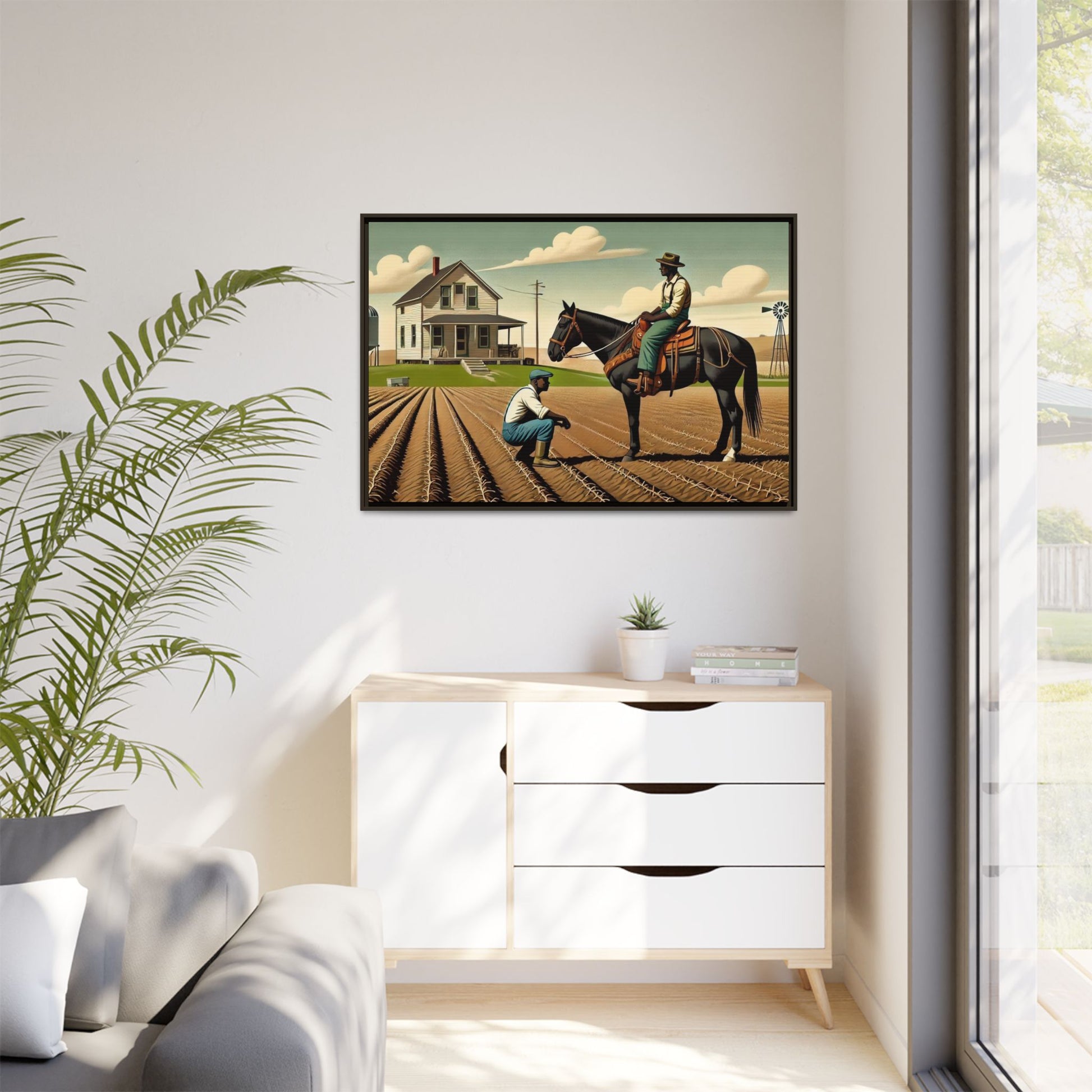 Artwork of an African American queer couple working together on a farm in a serene, vintage-inspired landscape. One man sits on horseback, gazing warmly at his partner, who examines the soil, symbolizing their partnership in both love and labor. The scene captures resilience, companionship, and the beauty of rural life.