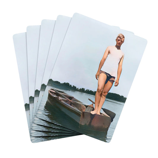 Vintage poker cards featuring a restored photo of a young man on a wooden boat at Creve Coeur Lake, Missouri.