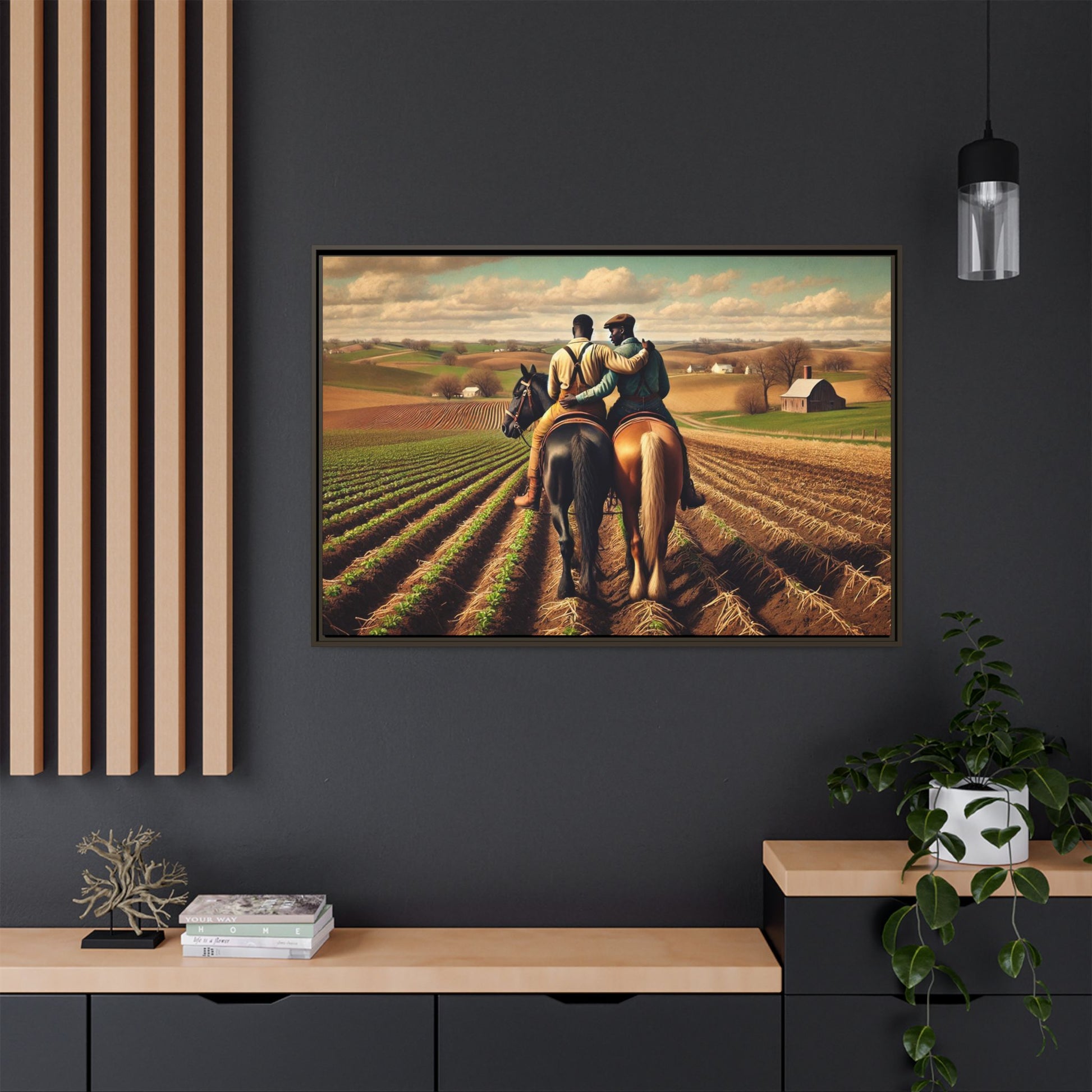 Artwork of an African-American gay couple riding horseback through expansive farmland, sharing a tender moment as they overlook lush fields. Dressed in rugged vintage attire, this scene captures resilience, love, and the charm of rural life, celebrating LGBTQ+ history and African-American heritage.