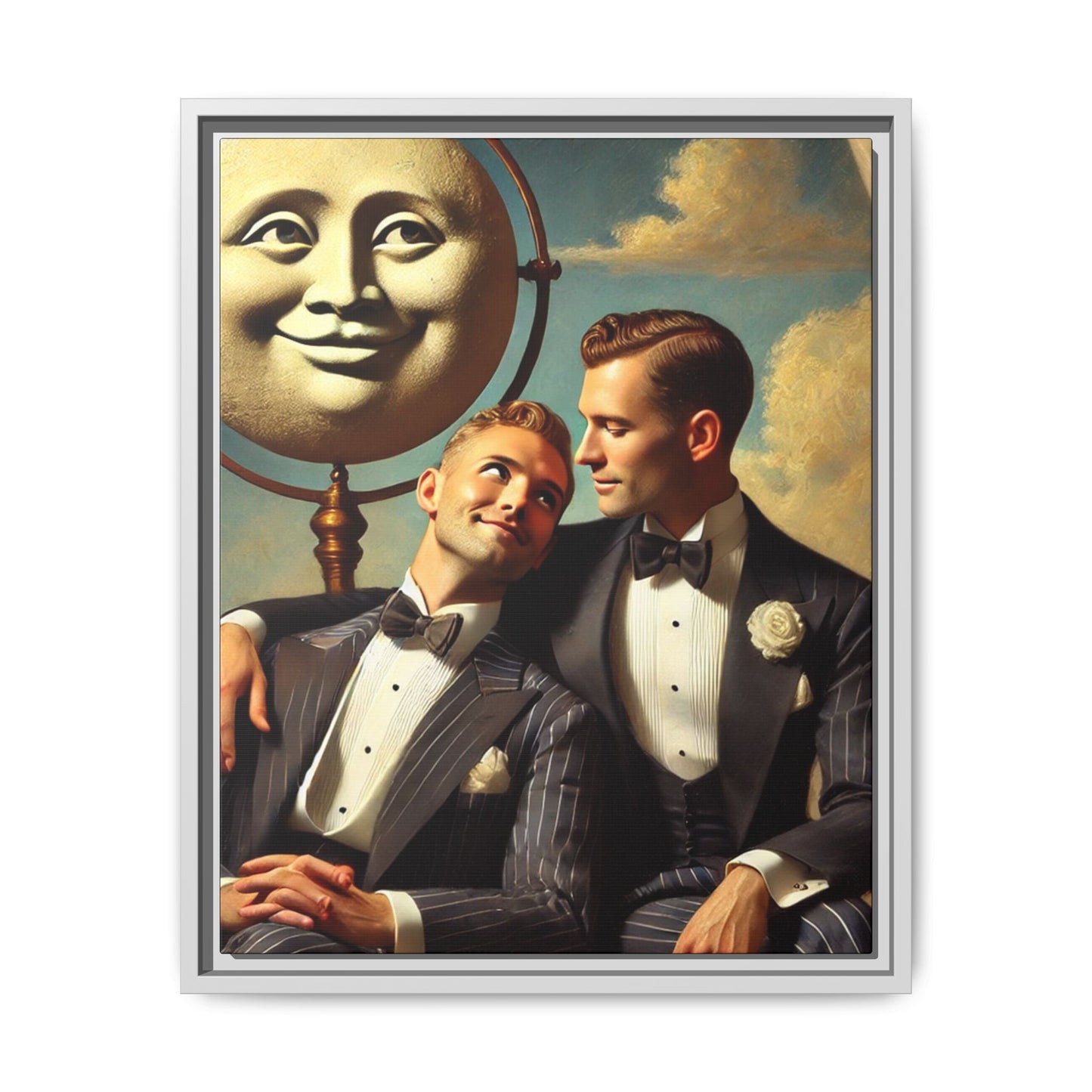 Framed matte canvas portrait featuring two young men in vintage overalls with a crescent moon prop above them. This artwork from the Missing Art Studies series reclaims LGBTQ+ imagery that may have been lost to bias, presenting warmth, intimacy, and presence.