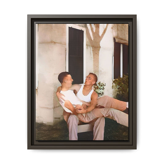 A vintage photograph of Donald and Joseph, two men embracing with joy in 1930s New Orleans. Captured in warm sunlight against a rustic Louisiana home, this intimate portrait celebrates LGBTQ+ history, love, and the beauty of unspoken connection. Gay Couple