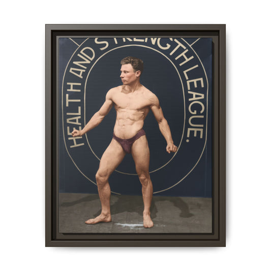 Historical fitness photography featuring muscular athlete portrait on framed canvas