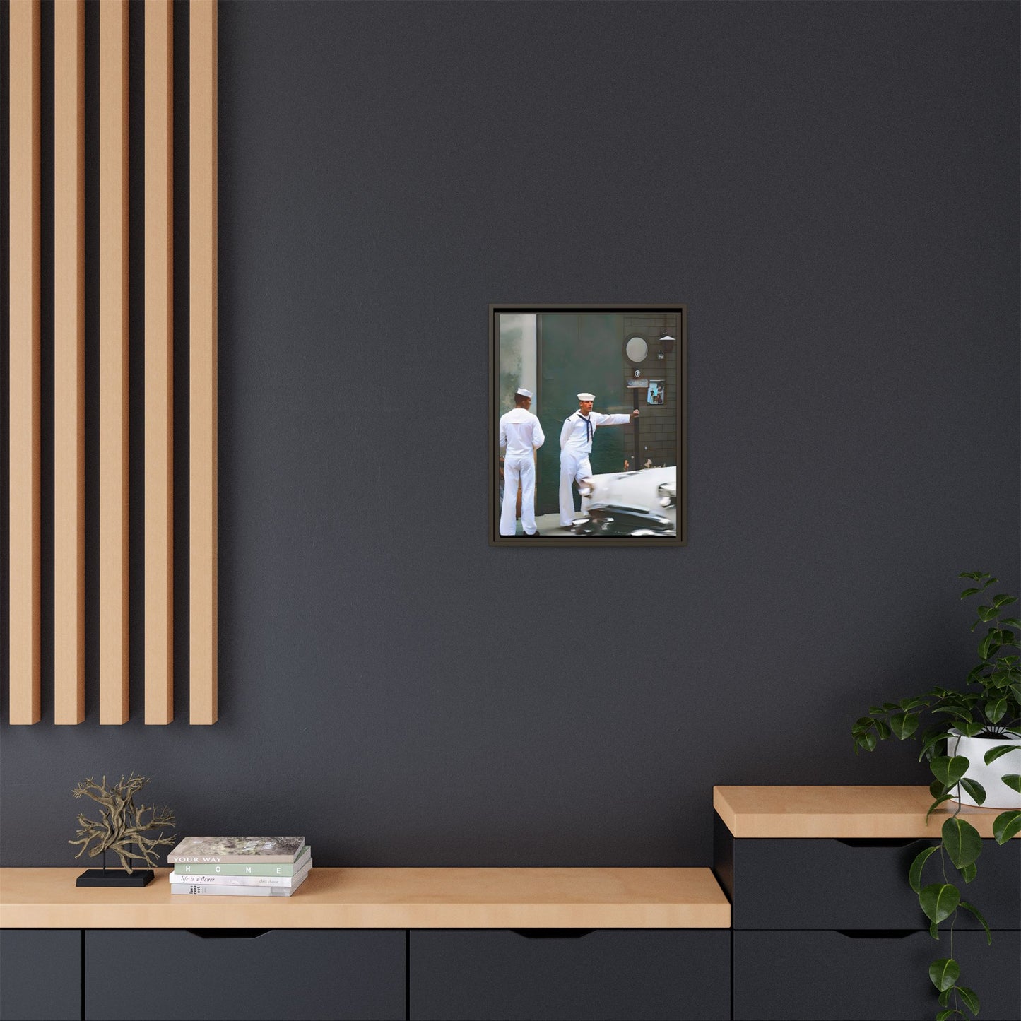 A restored vintage portrait of two sailors in Boystown, Northalsted, Chicago. This framed matte canvas celebrates LGBTQ+ history, urban charm, and community pride.