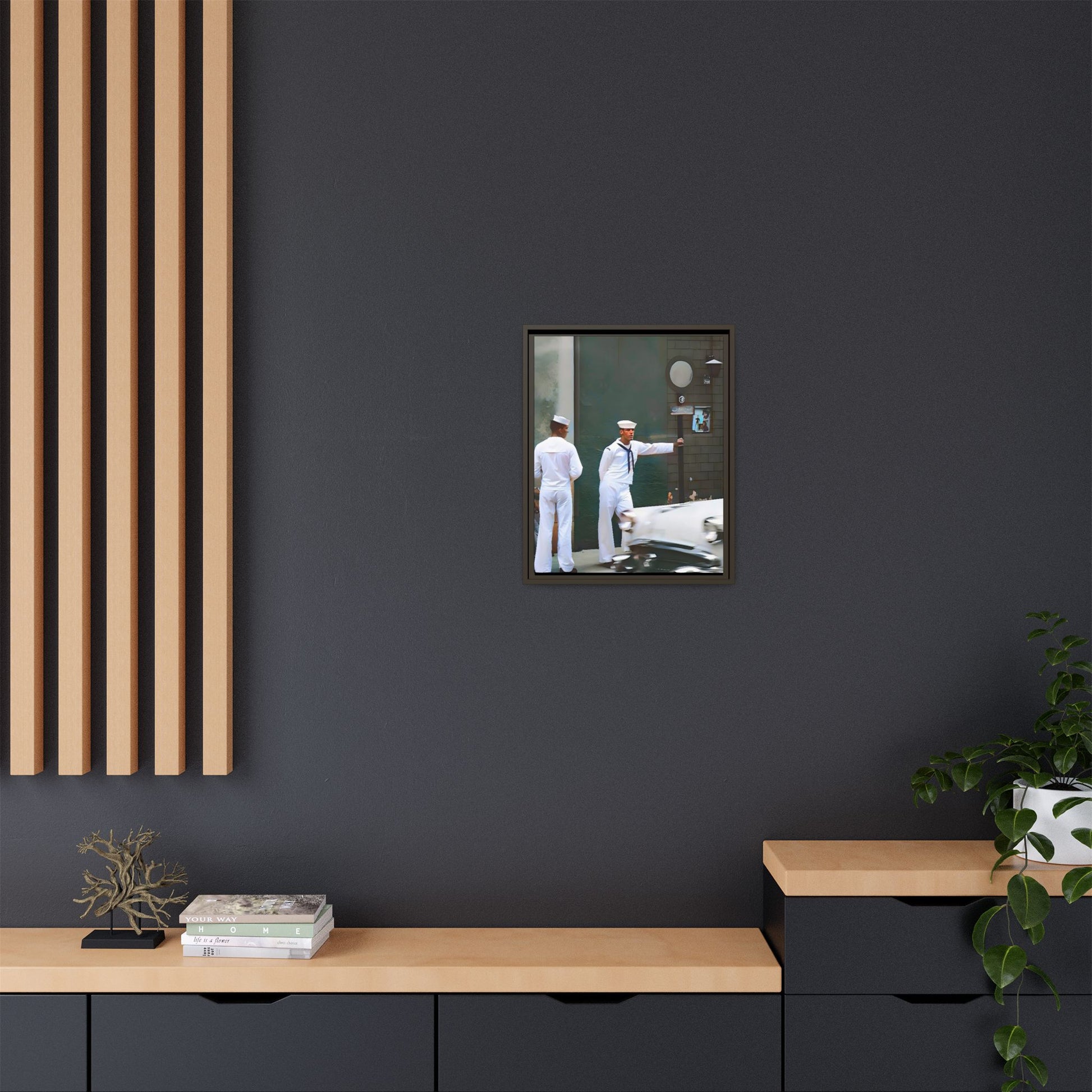 A restored vintage portrait of two sailors in Boystown, Northalsted, Chicago. This framed matte canvas celebrates LGBTQ+ history, urban charm, and community pride.