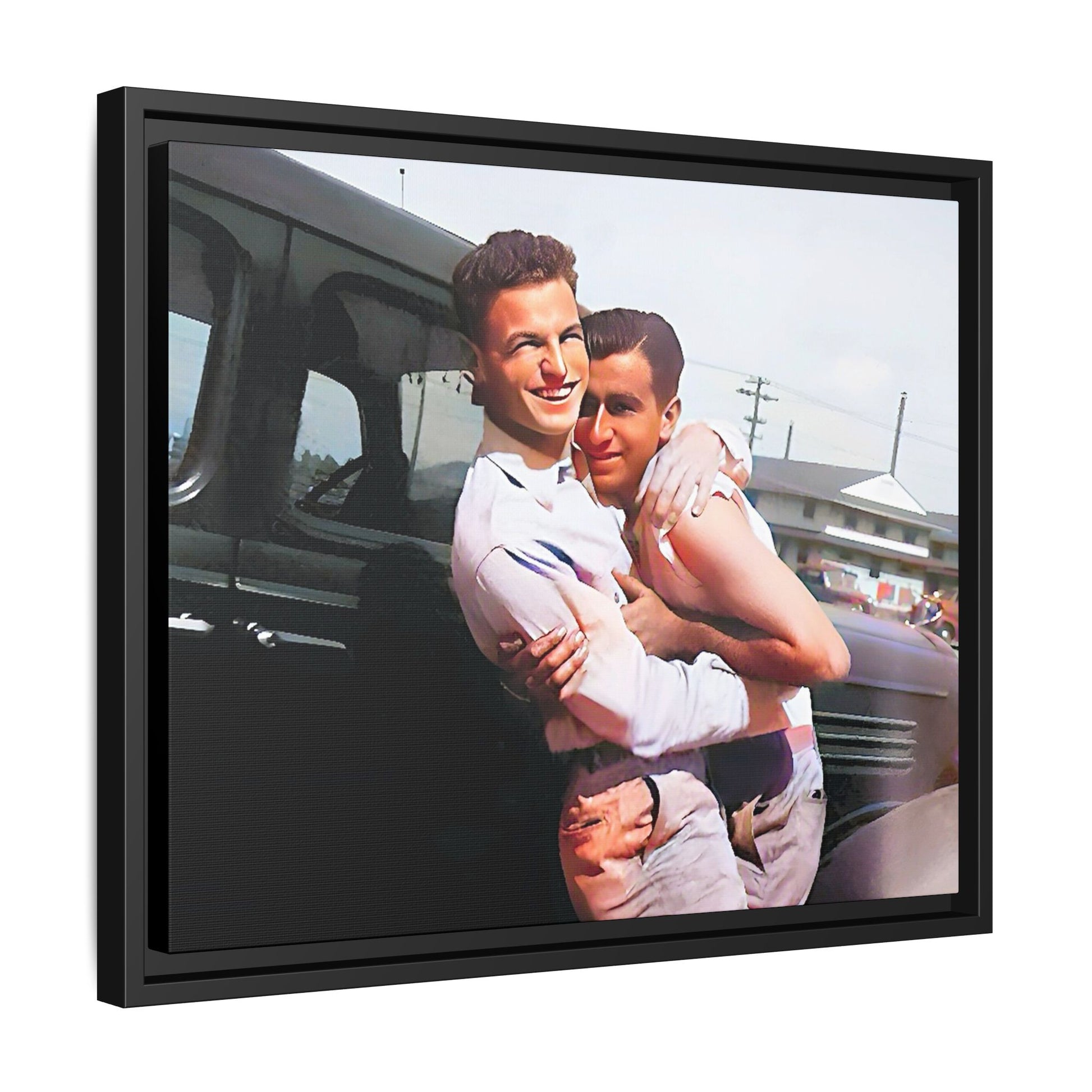 A framed vintage love portrait on matte canvas featuring Henry and Raymond in Peoria, Illinois, capturing timeless LGBTQ+ connection and joy. Gay Couple