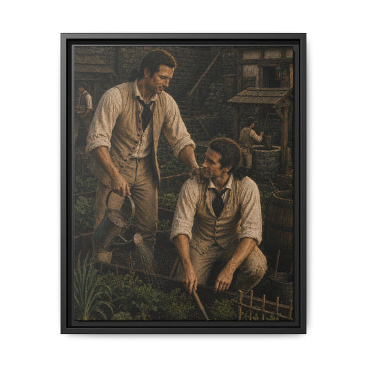 Museum-inspired Revolutionary War portrait of two Continental Army soldiers tending a fortified kitchen garden inside an eighteenth-century military garrison.