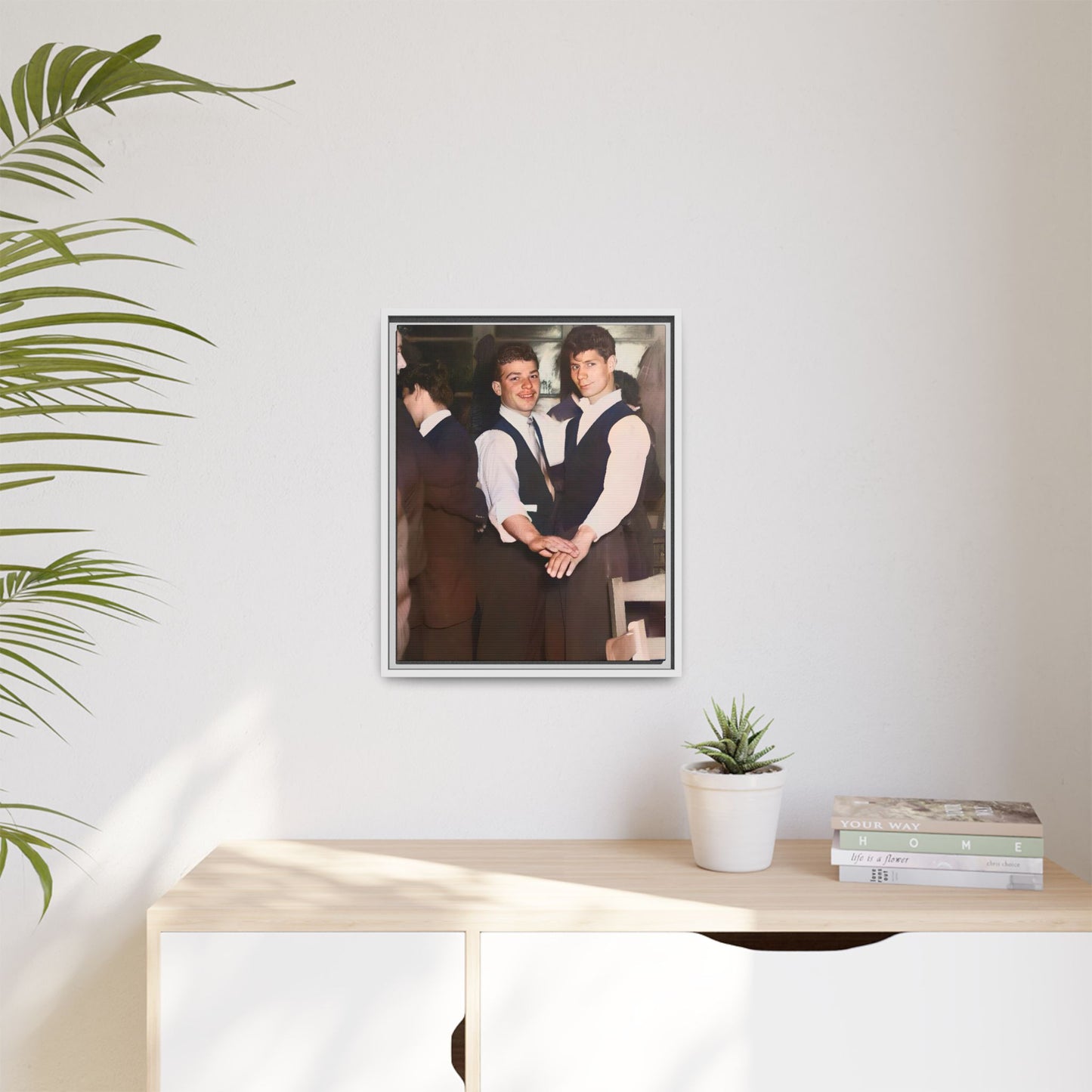 Restored and colorized mid-20th century photo of Clarence and Francis dancing, celebrating LGBTQ+ love and resilience, framed as a matte canvas wall décor piece. Gay Couple