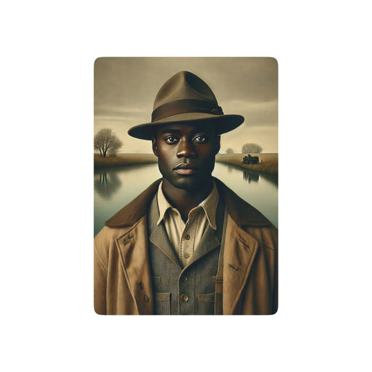 Missing Grant Series Poker Cards featuring a lone traveler in a rural Midwest landscape, honoring hidden queer history. Black Love
